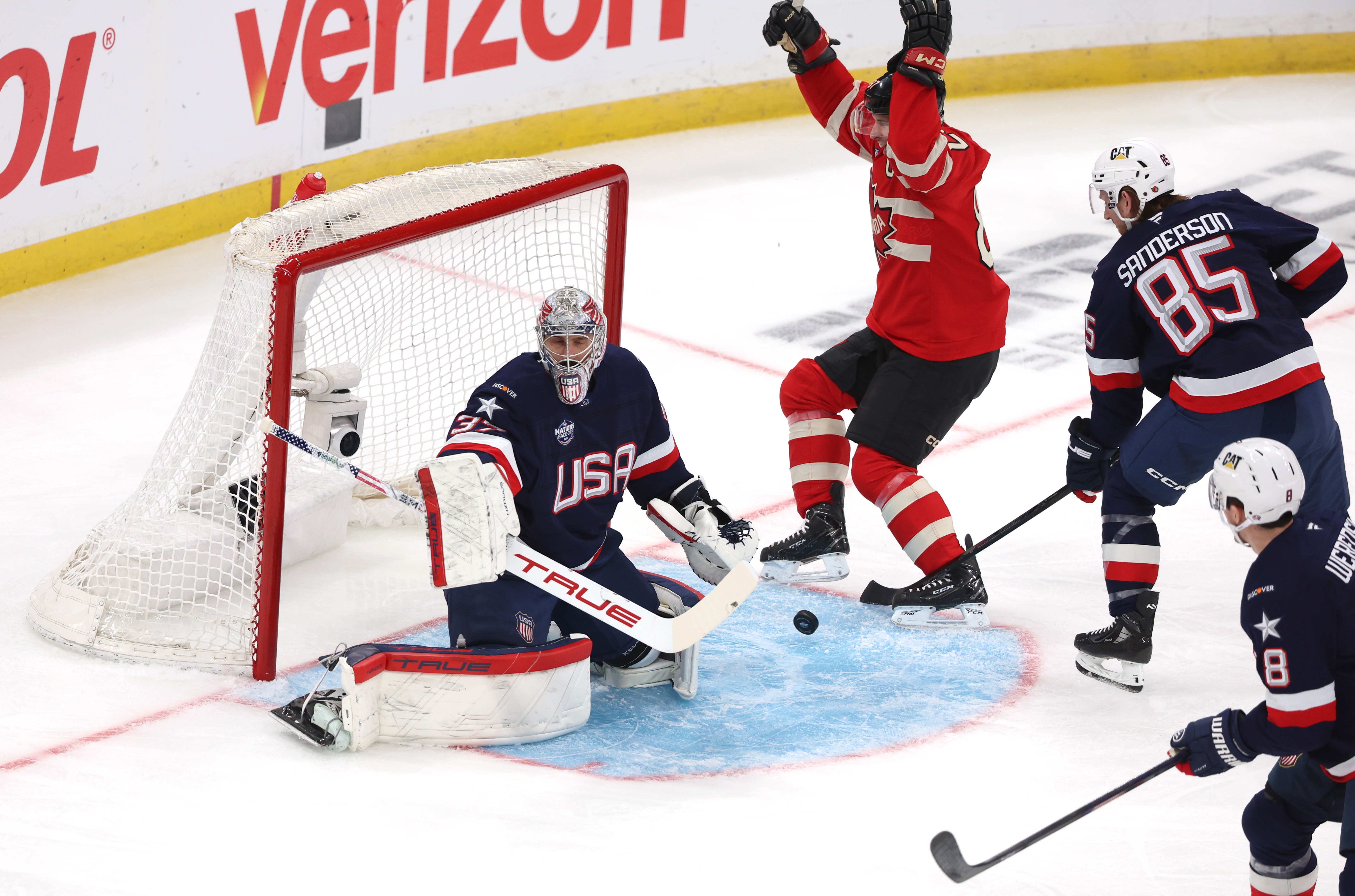 Sidney Crosby reacts after Nathan MacKinnon scores against Connor Hellebuyck in the 4 Nations Face-Off Championship on February 20, 2025 | Source: Getty Images