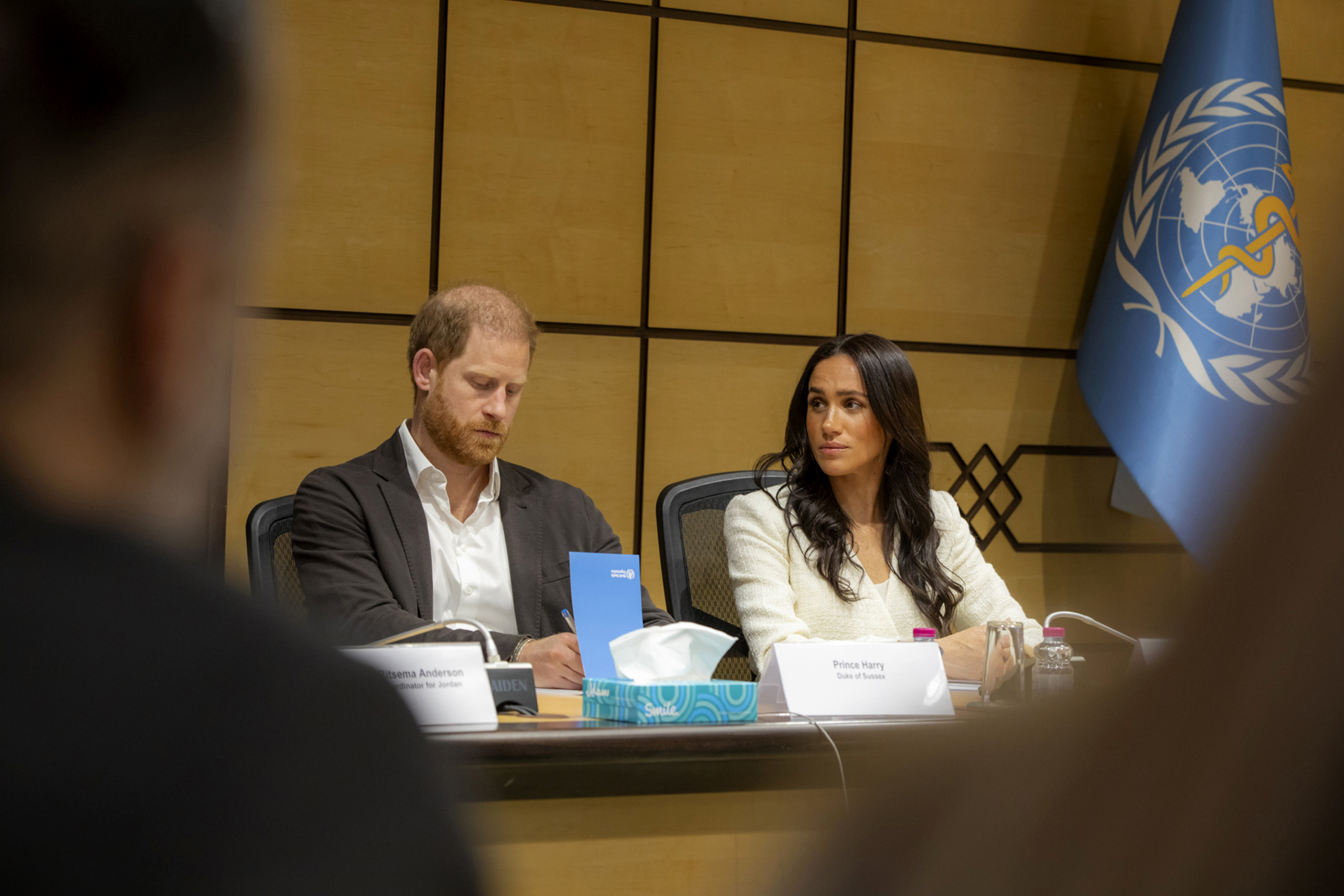 The Duke and Duchess of Sussex attend a World Health Organisation roundtable with key donors and humanitarian partners on 25 February 2026 in Amman, Jordan. | Source: Getty Images