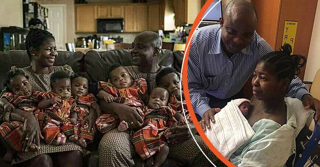 Ajibola and Adeboye Taiwo and their sextuplets [left] Ajibola and Adeboye Taiwo after the birth of their sextuplets [right] | Photo :  twitter.com/legitngnews 