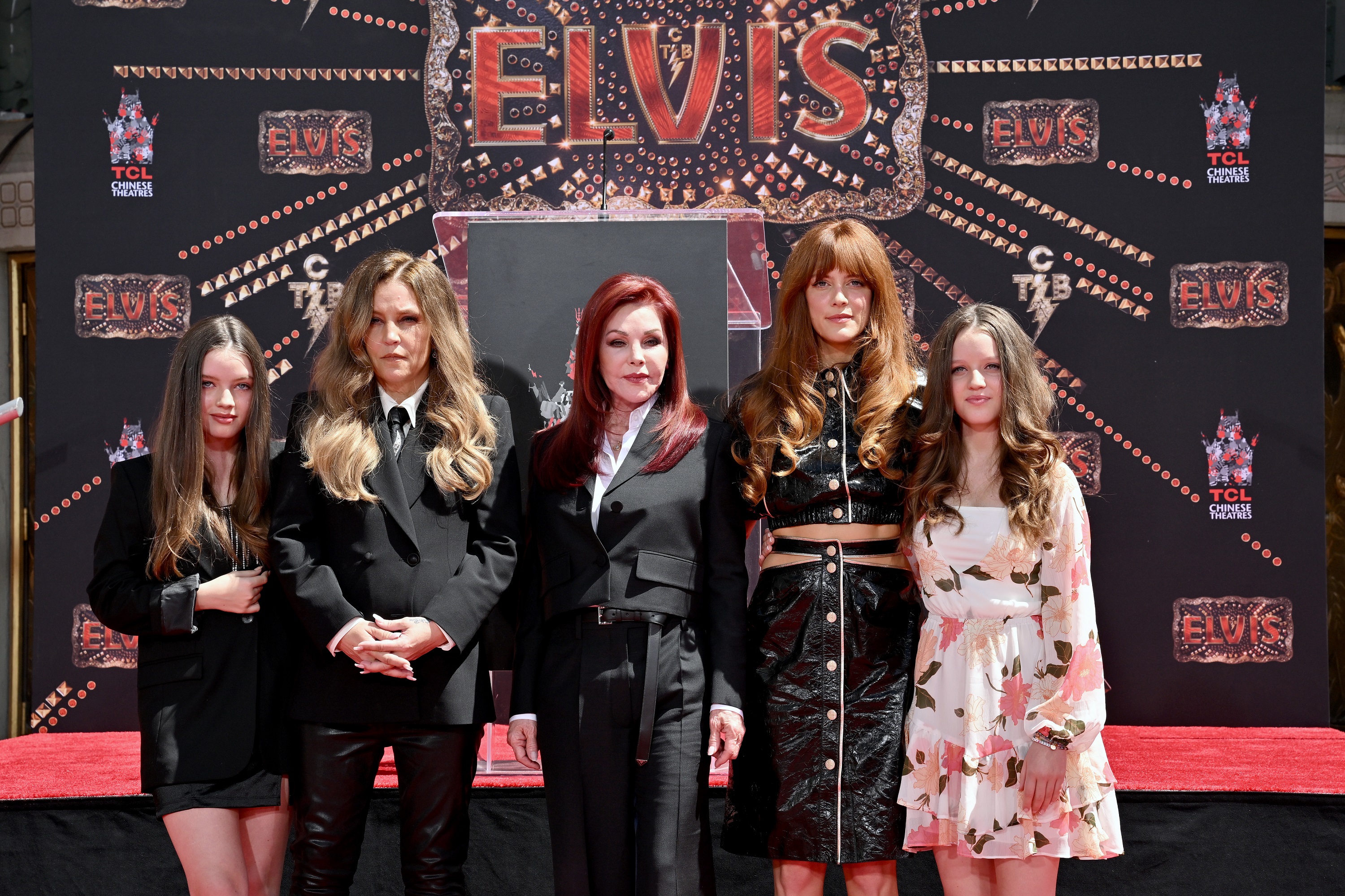 Harper Vivienne Ann Lockwood, Lisa Marie Presley, Priscilla Presley, Riley Keough, and Finley Aaron Love Lockwood during the Handprint Ceremony honoring Three Generations of Presleys at TCL Chinese Theatre on June 21, 2022, in Hollywood, California | Source: Getty Images