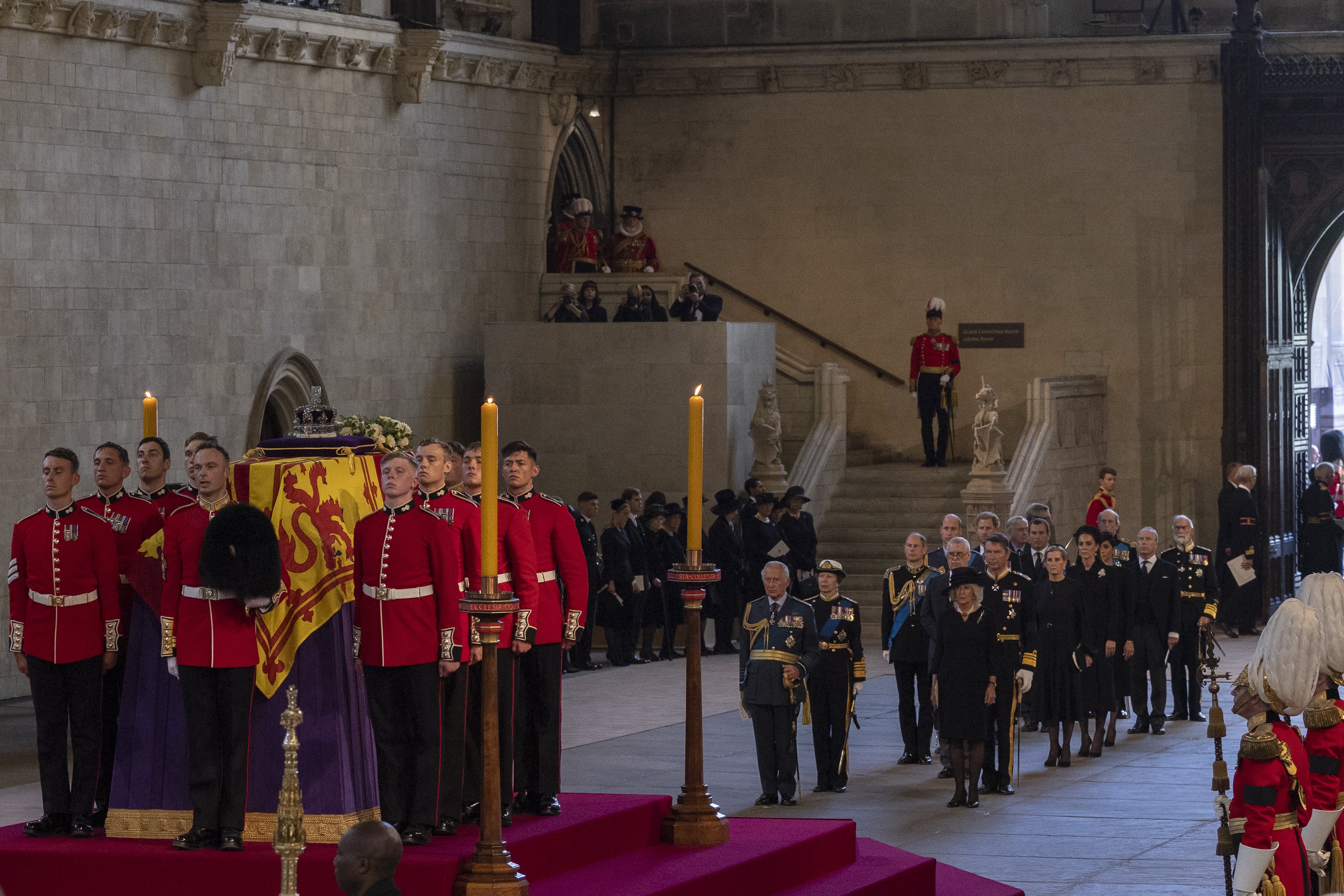 The coffin carrying Queen Elizabeth II is laid to rest in Westminster Hall for the Lying-in State on September 14, 2022 in London, England. | Source: Getty Images