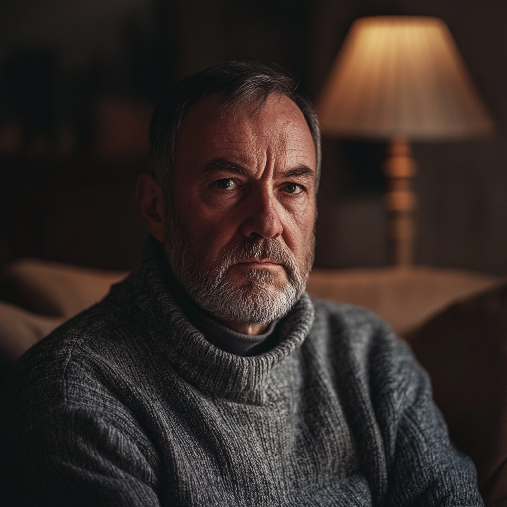 A serious man sitting in the living room | Source: Midjourney