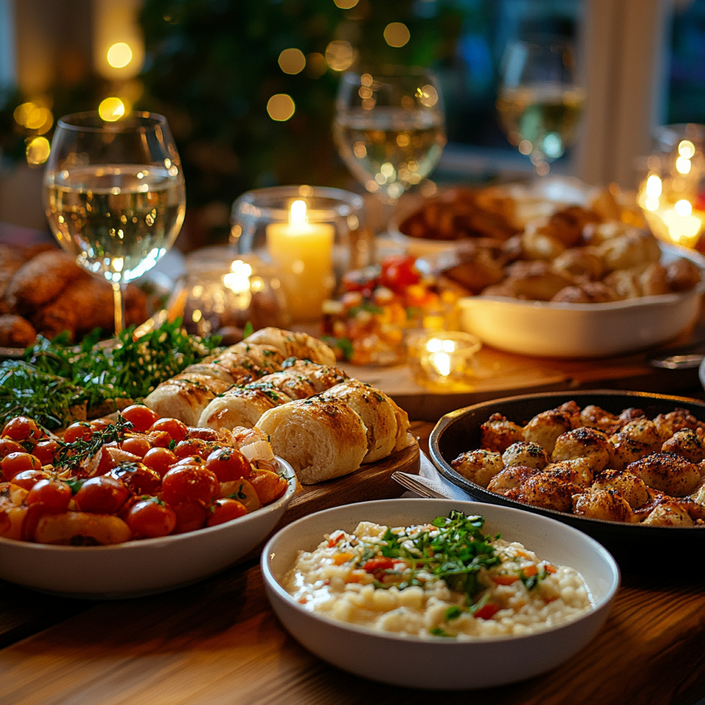 A dining table filled with traditional and classic meals | Source: Midjourney