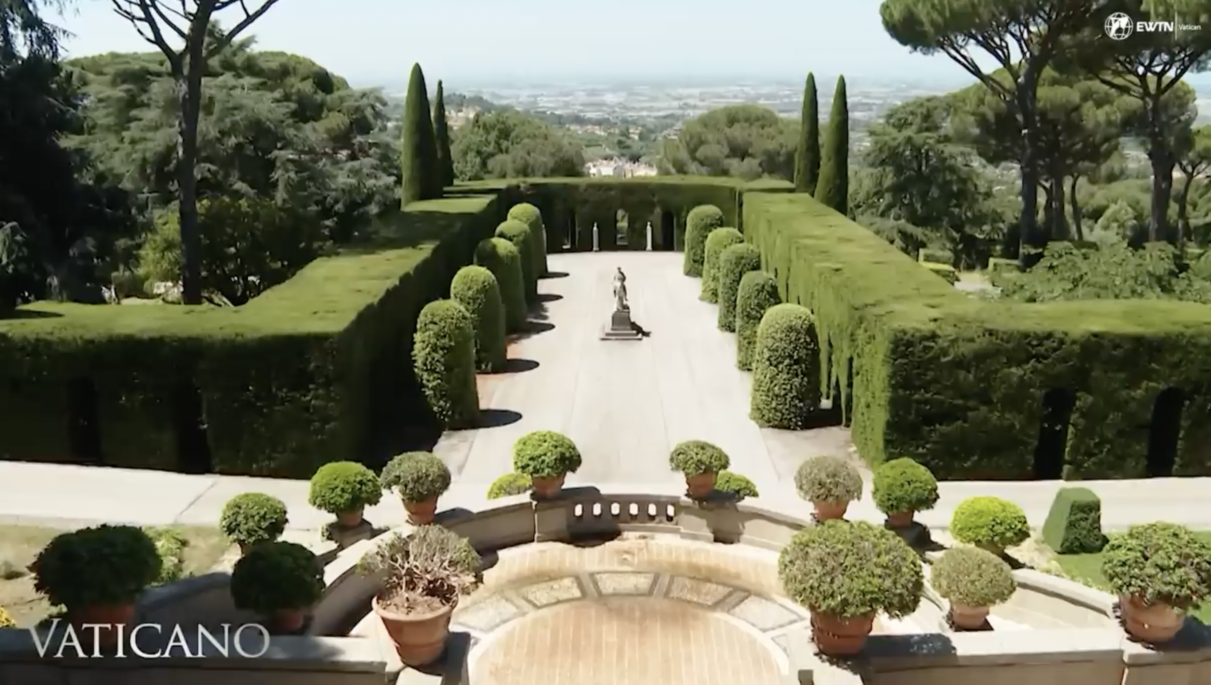 Gardens of Villa Barberini terrace pictured in Castel Gandolfo, dated July 2025 | Source: YouTube/EWTN