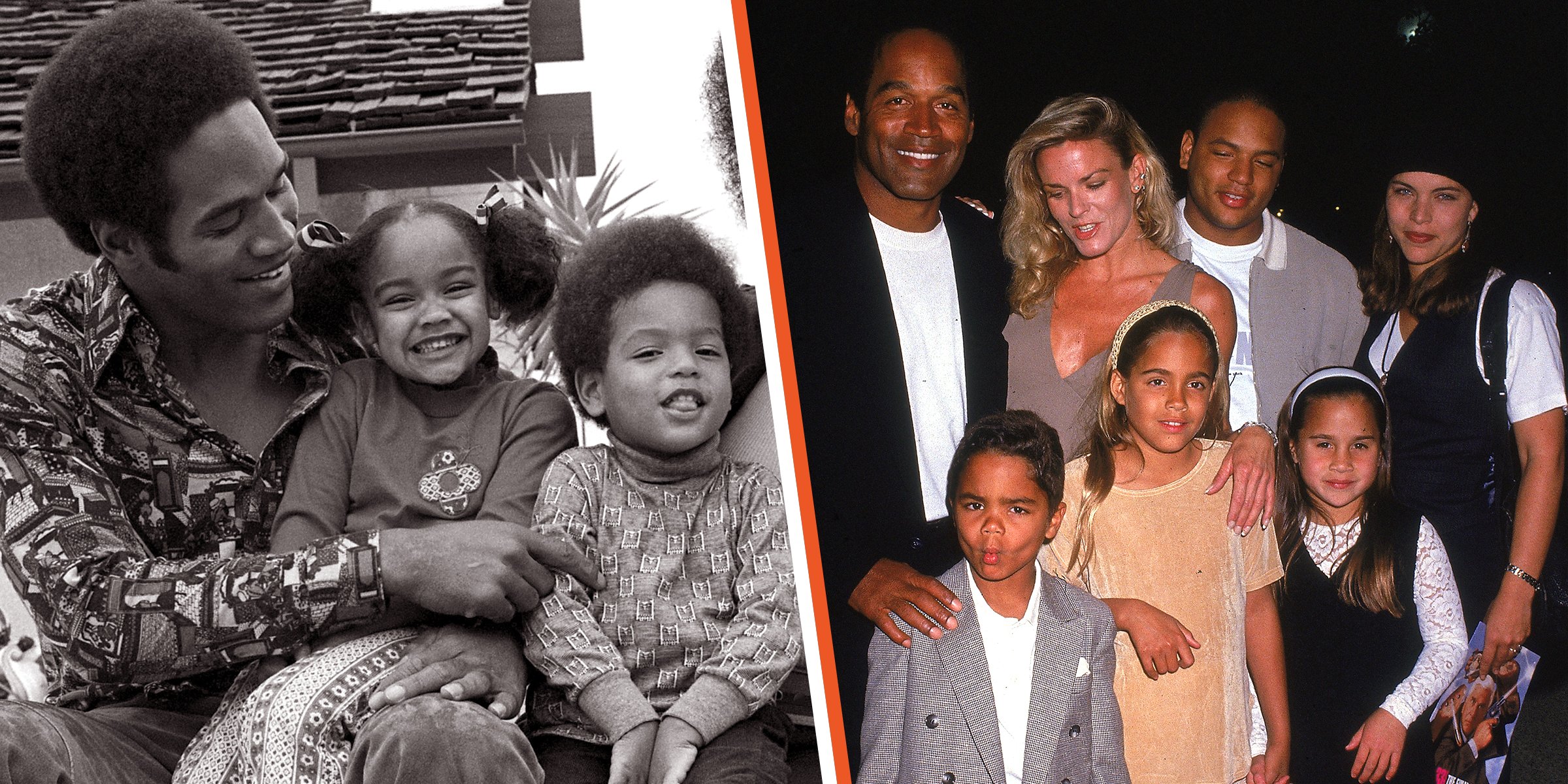 O.J. Simpson and his two children Jason and Arnelle Simpson, 1973. | O.J. Simpson and his second wife Nicole Brown Simpson with their children Jason, Justine, and Sydney Simpson, 1994. | Source: Getty Images 