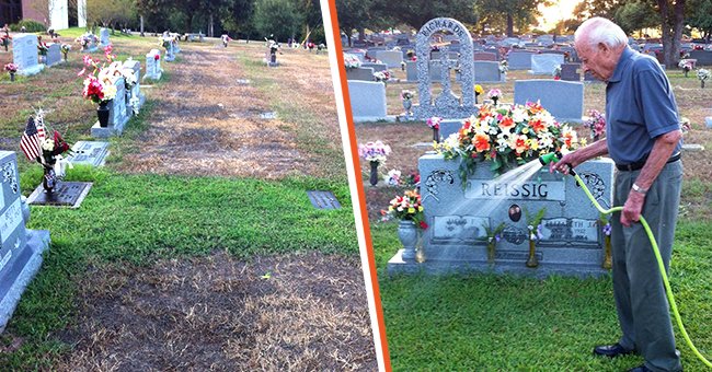 [Left] The Garden Park Cemetery; [Right] Jake Reissig watering the grass around his late wife’s headstone. | Source: facebook.com/roger.reissig