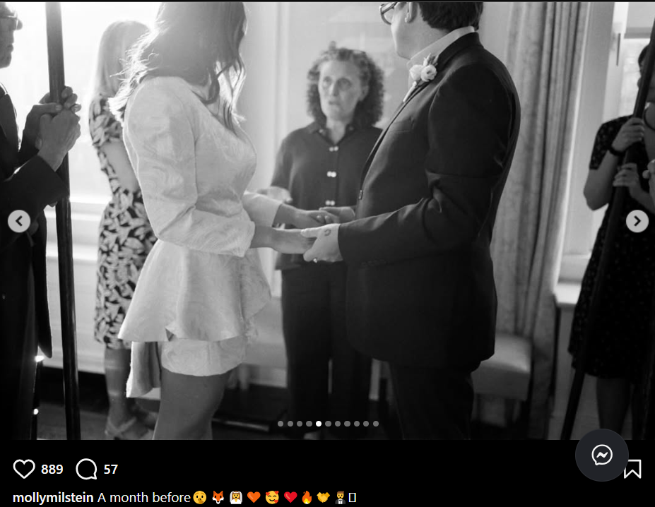 Molly Milstein and Sam Michael Fox hold hands as their loved ones look on, dated November 5, 2025 | Source: Instagram/mollymilstein