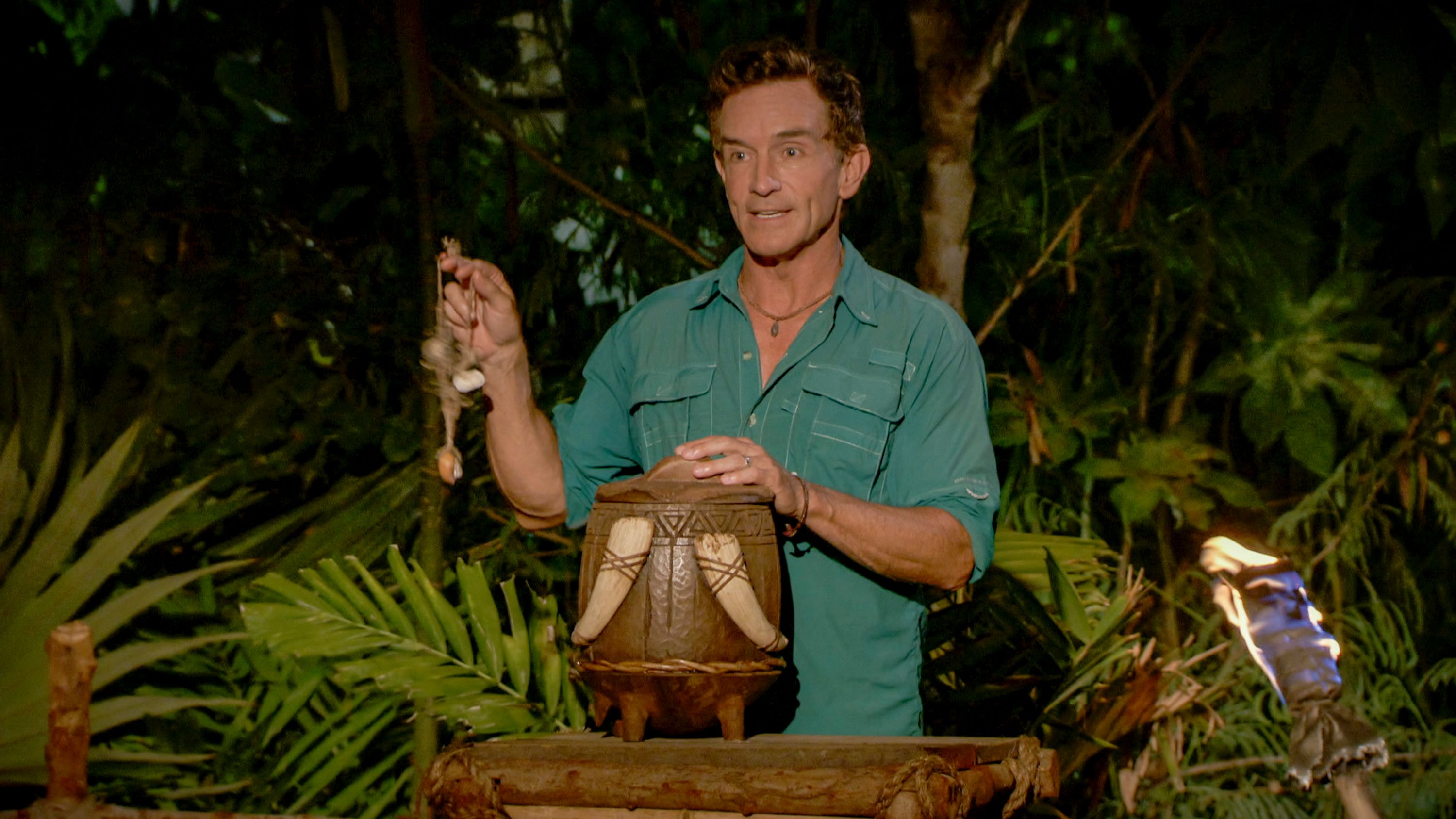 Jeff Probst at Tribal Council on "Survivor: Island of Idols" on Mana Island on November 22, 2019. | Source: CBS/Getty Images