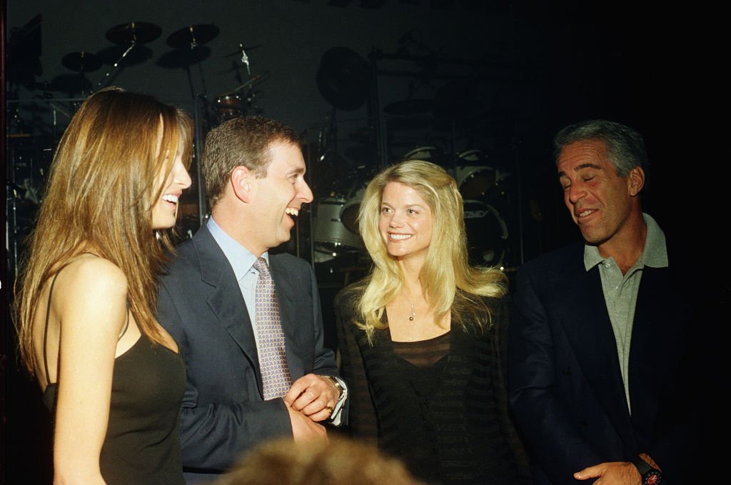 Melania Trump, Prince Andrew, Gwendolyn Beck and Jeffrey Epstein at a party at the Mar-a-Lago club, Palm Beach, Florida, February 12, 2000. | Source: Getty Images
