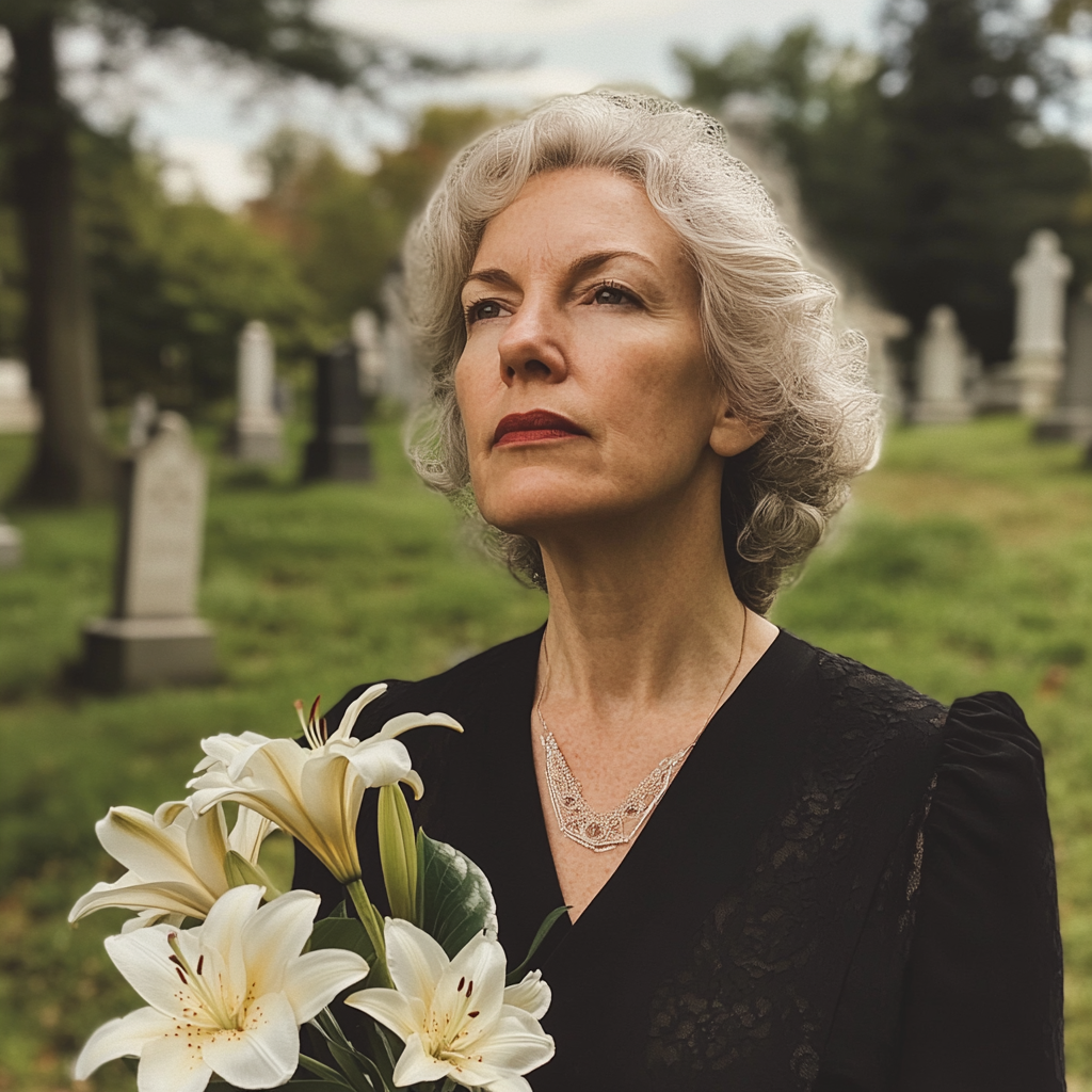 A grieving widow at a cemetery | Source: Midjourney