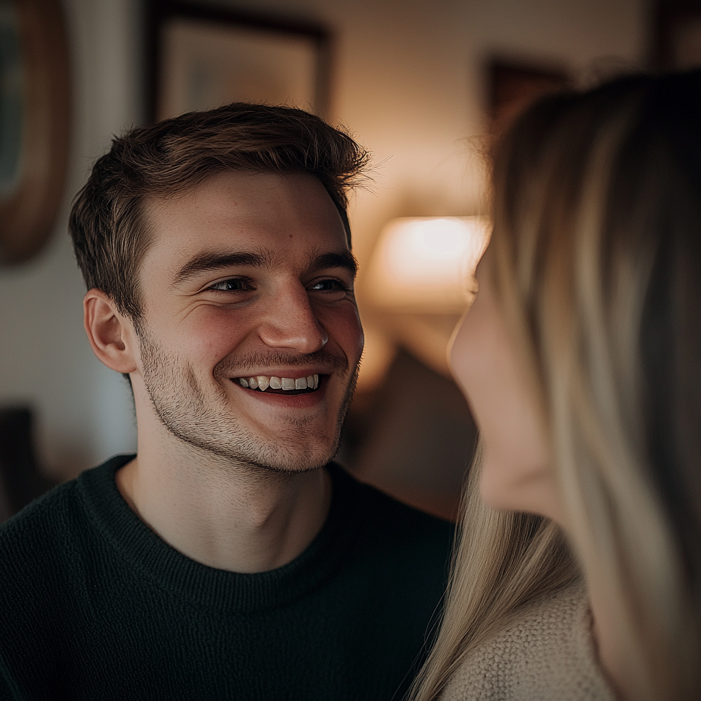 A man grins while looking at his wife | Source: Midjourney