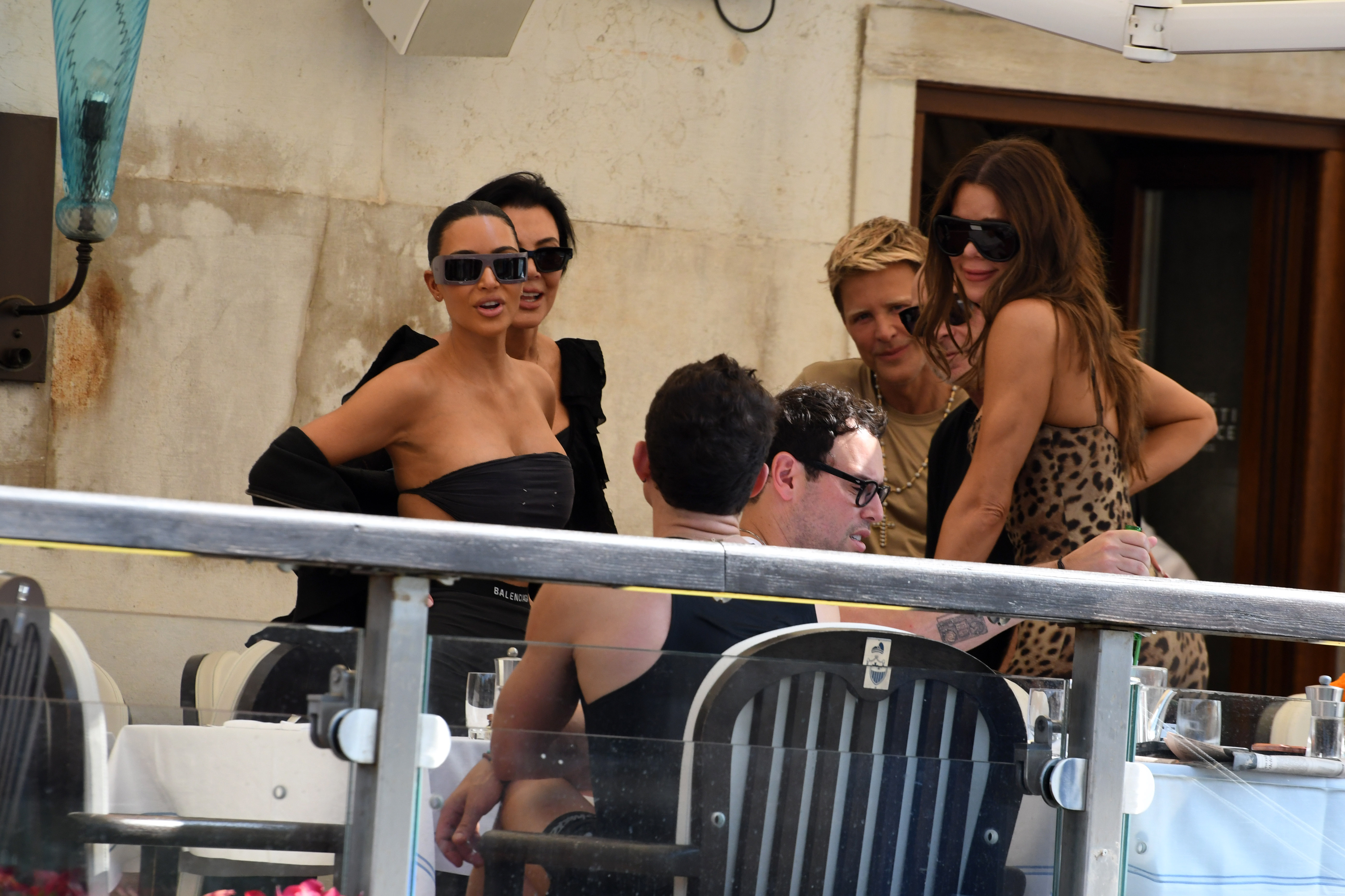 Kim Kardashian, Kris Jenner, Orlando Bloom, Domenico Dolce and Khloé Kardashian are photographed together ahead of Jeff Bezos and Lauren Sanchez wedding in Italy.