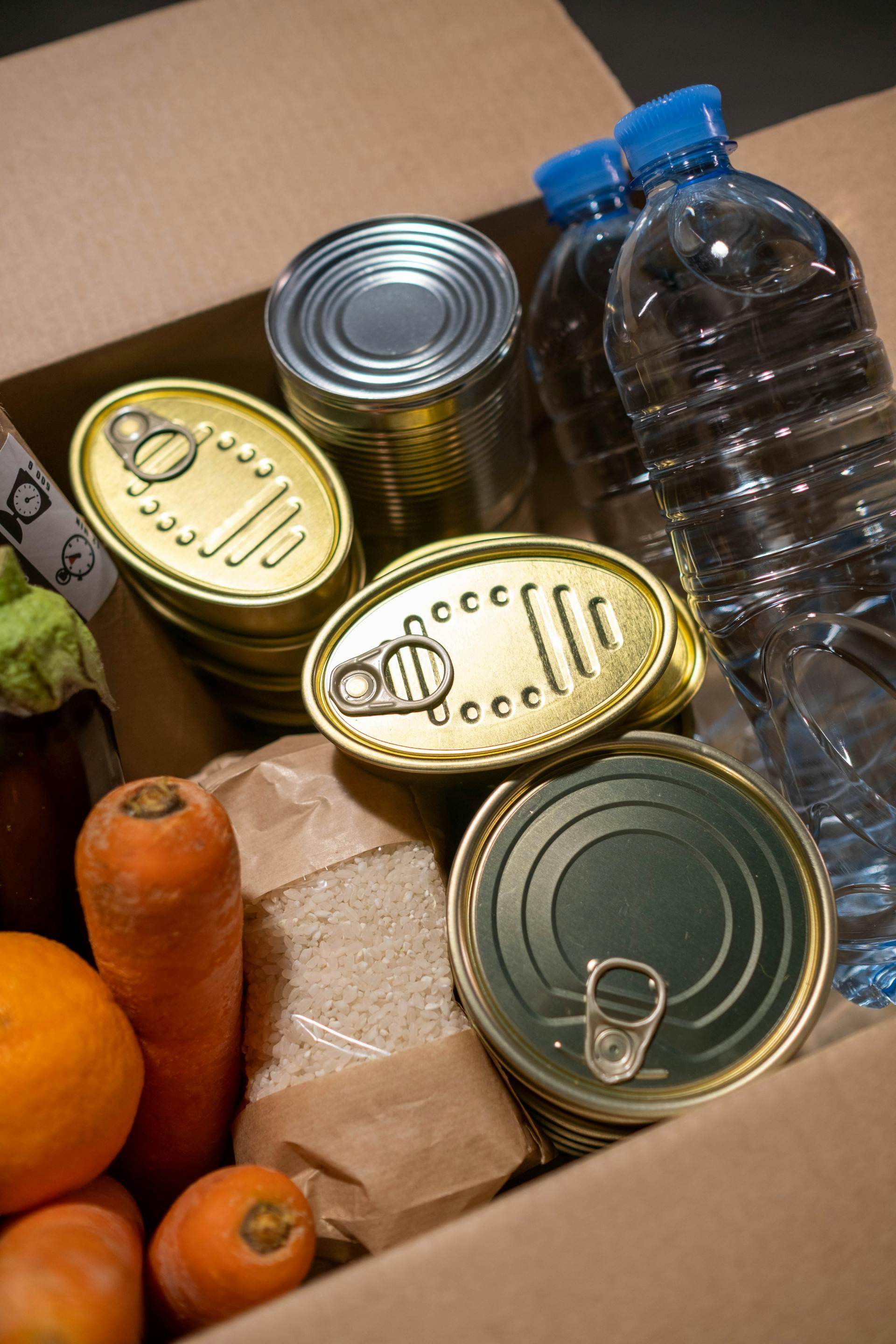 Food donation with cans, water bottles, and fresh vegetables | Source: Pexels