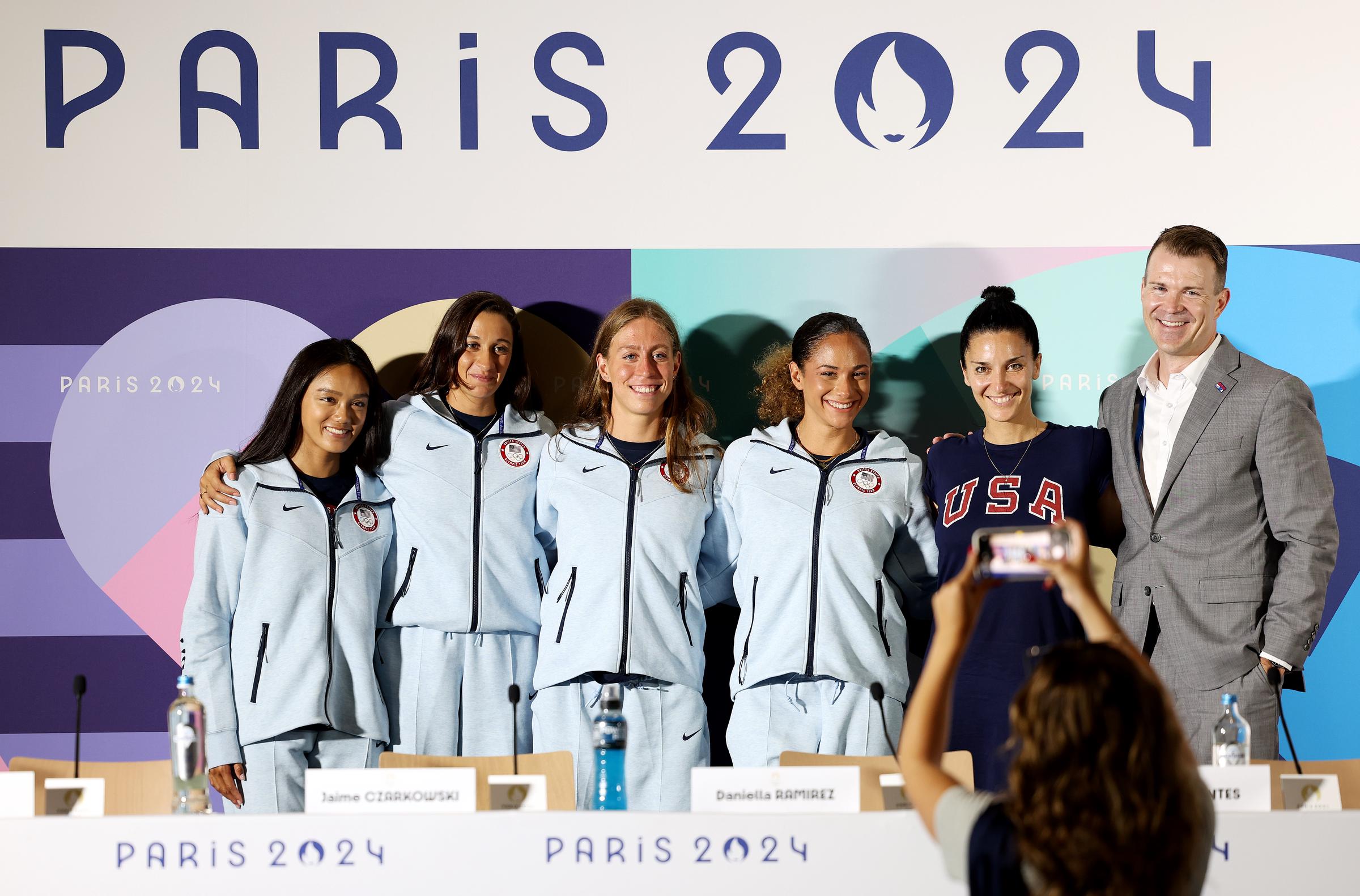 Jacklyn Luu, Anita Alvarez, Jaime Czarkowski, Daniella Ramirez, Andrea Fuentes, and Adam Andrasko, CEO of Team USA during the artistic swimming press conference at the Olympic Games Paris 2024 in Paris, France, on July 31, 2024.