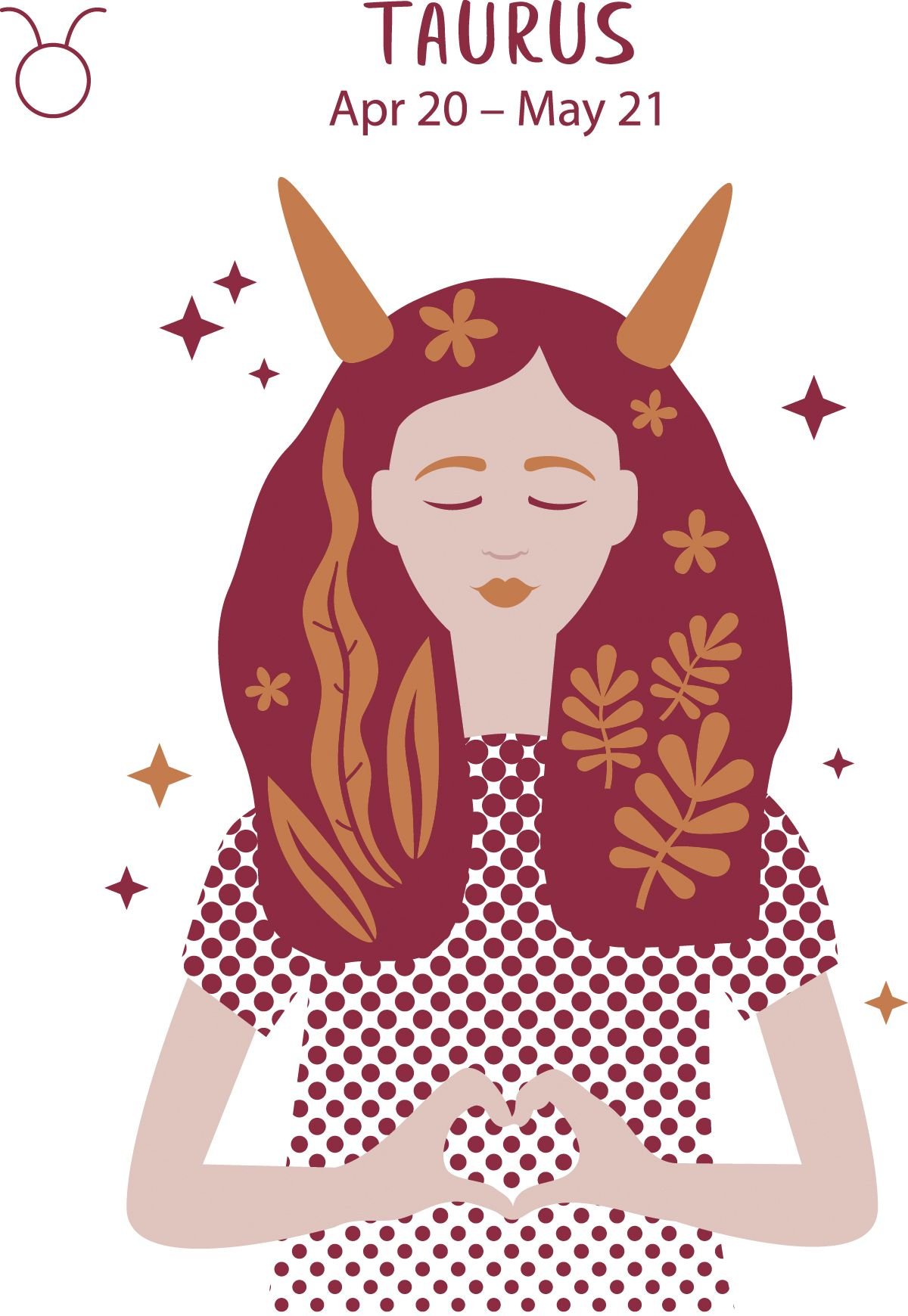 Taurus (April 20 - May 21) represented by a woman with spiked horns and foliage in her hair.