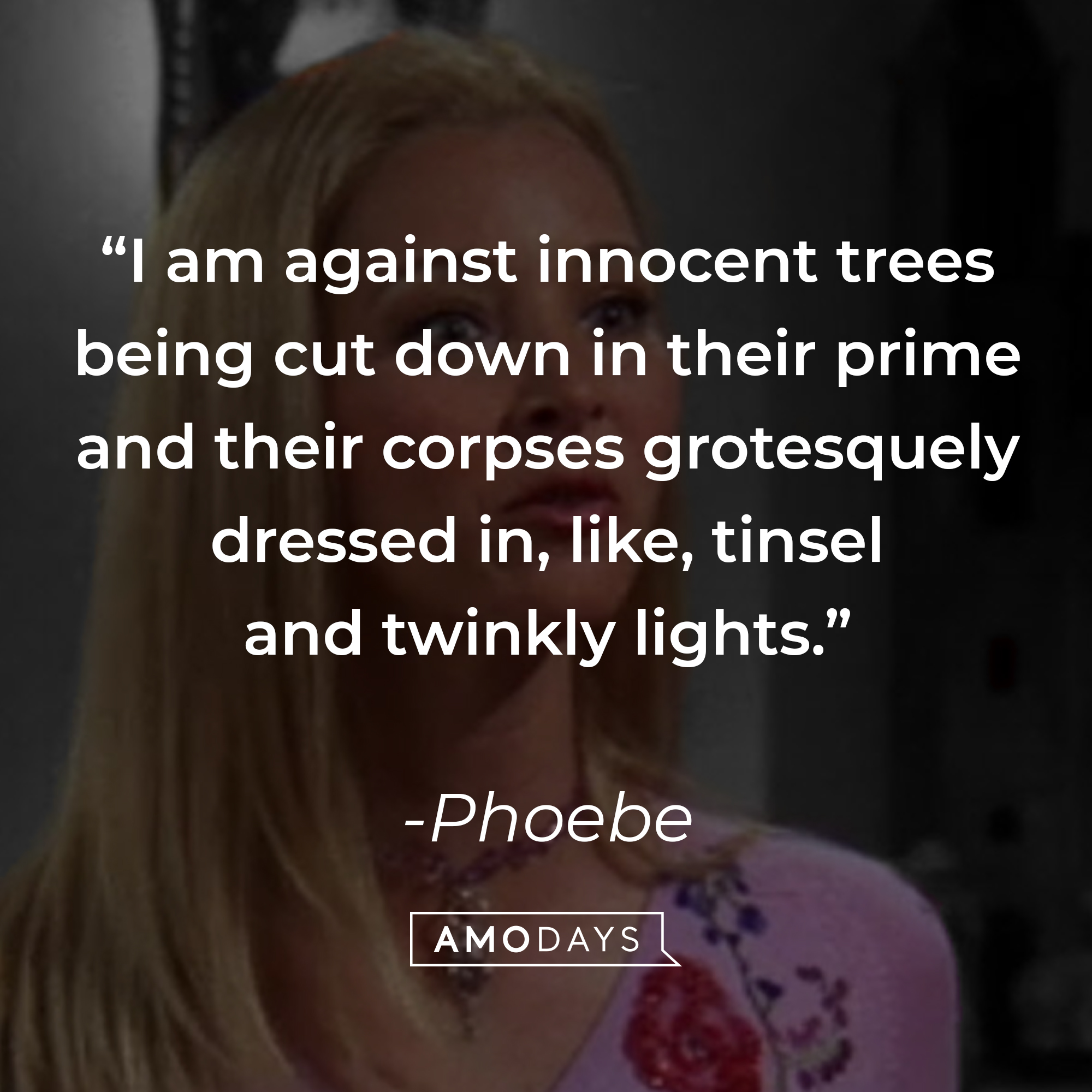 Phoebe's quote: "I am against innocent trees being cut down in their prime and their corpses grotesquely dressed in, like, tinsel and twinkly lights." | Source: Facebook.com/friends.tv