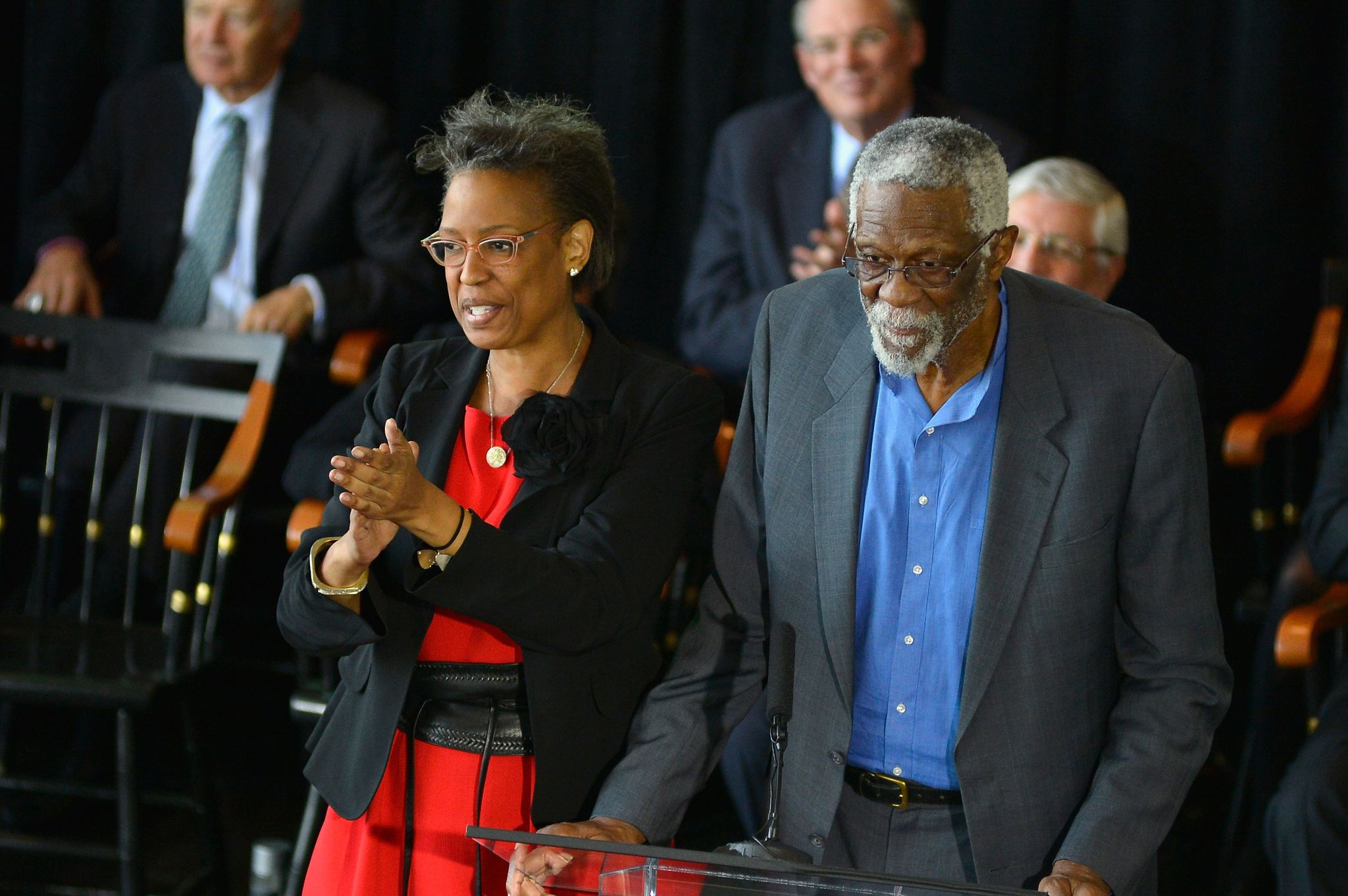 Karen Kenyatta Russell and Bill Russell at the unveiling of a statue honoring the Boston Celtics player at Boston City Hall Plaza in 2013. | Source: Getty Images