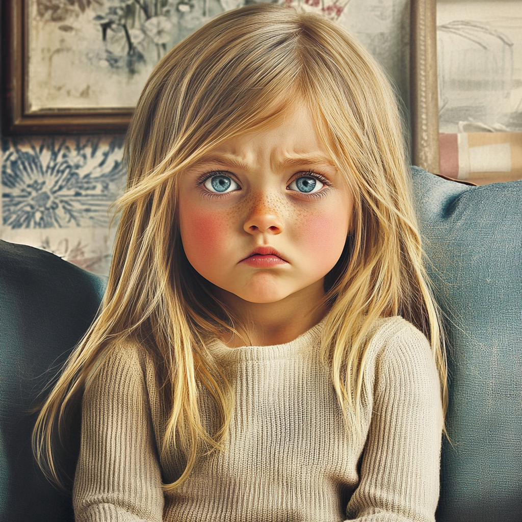 A sad little girl sitting on the couch | Source: Midjourney