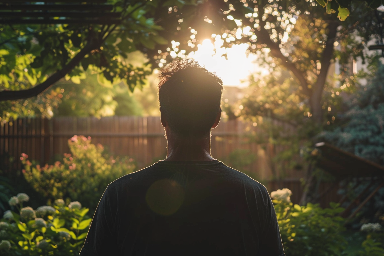 Rear view of a man looking at his backyard | Source: Midjourney