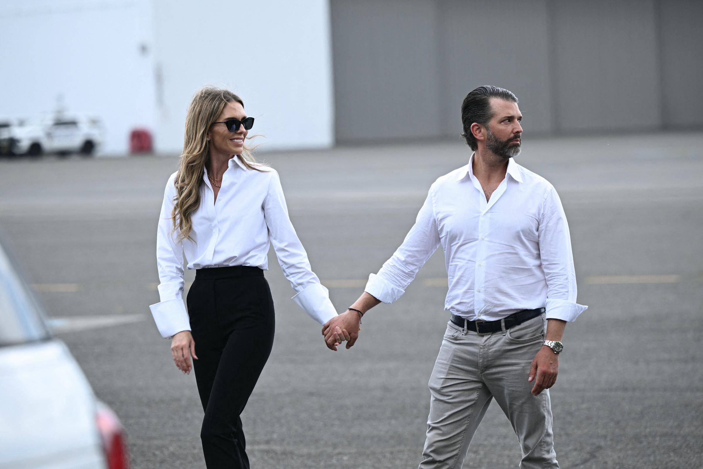 Donald Trump Jr. and Bettina Anderson arrive at Teterboro Airport in New Jersey on July 13, 2025, ahead of the FIFA Club World Cup final | Source: Getty Images