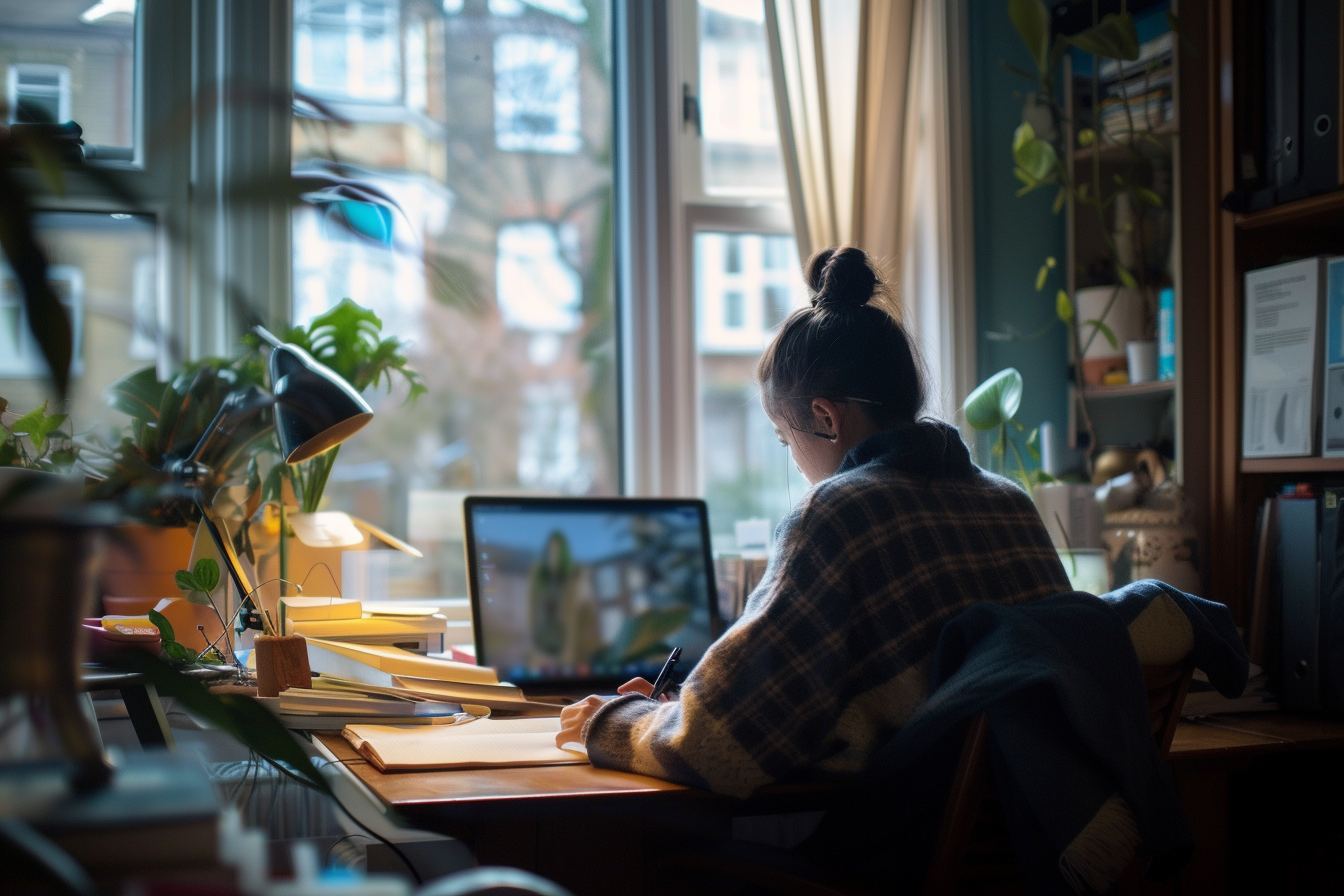 A woman sitting at a desk | Source: Midjourney