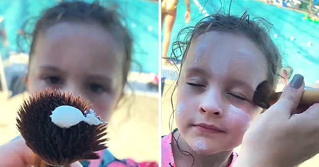 Lindsey Agan applying sunscreen to her daughter's face with a makeup brush. | Source: tiktok.com/literallylindseyagan