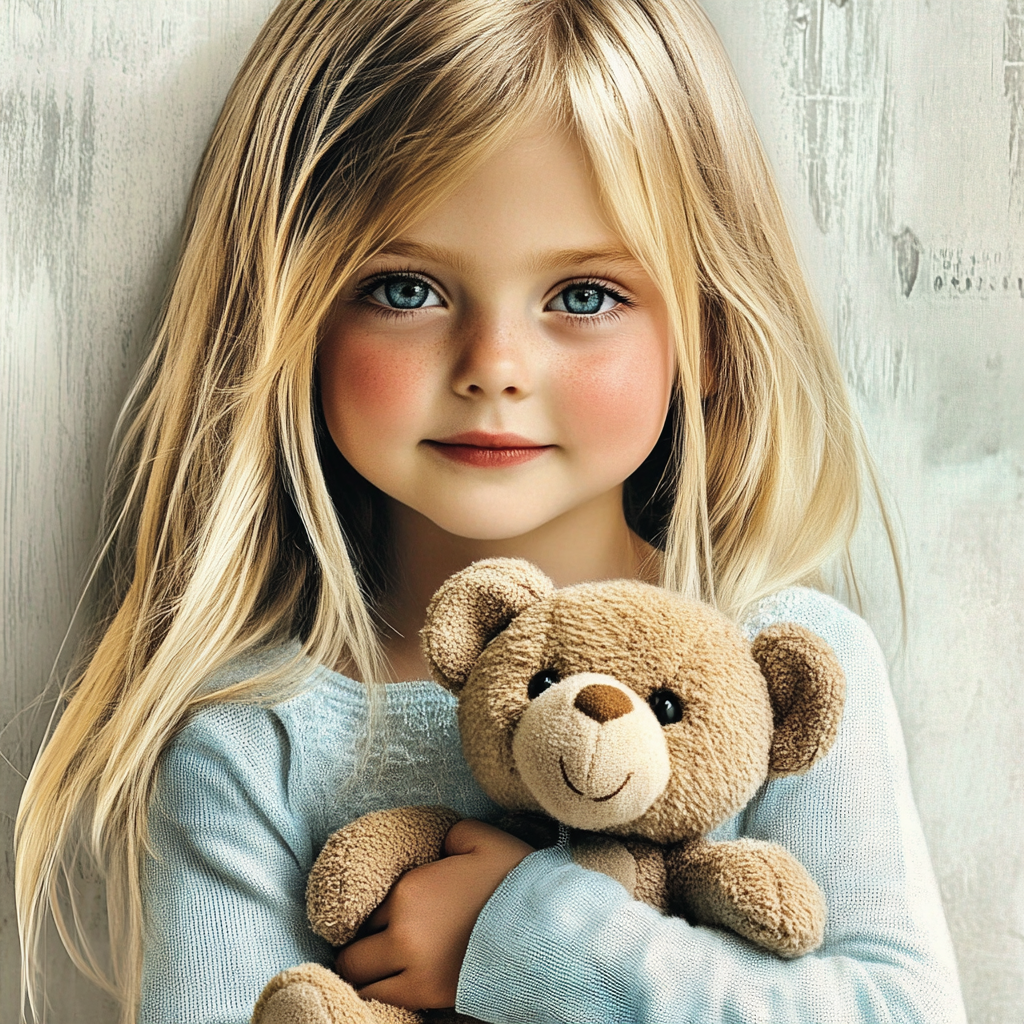 A smiling little girl holding a teddy bear | Source: Midjourney