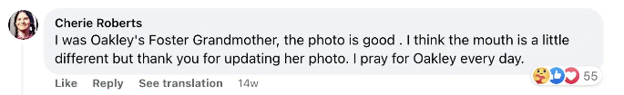 Oakley's foster grandmother's comment on Grays Harbor Sheriff's Office's Facebook post | Source: facebook.com/Grays Harbor Sheriff's Office