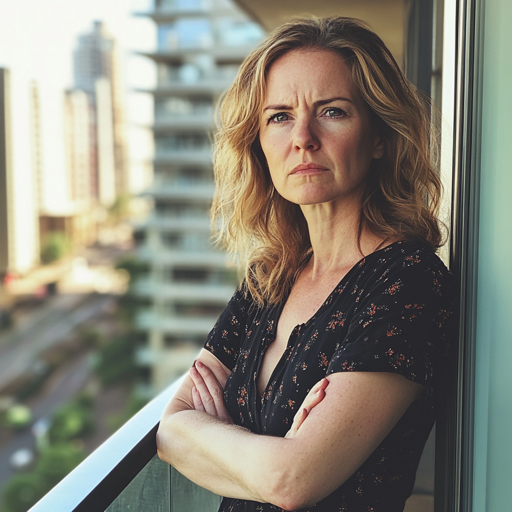 An upset woman standing on a balcony | Source: Midjourney