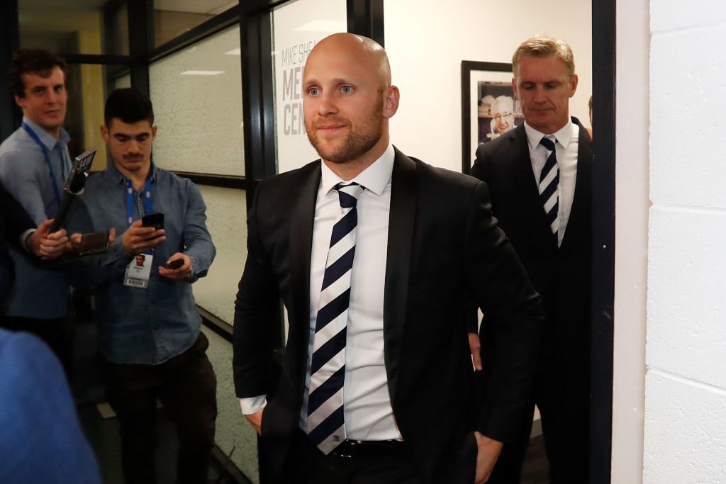 Gary Ablett Jr of the Geelong Cats prepares to speak to media after being cleared of suspension during the AFL Tribunal Hearing at AFL House on May 7, 2019. | Photo: Getty Images
