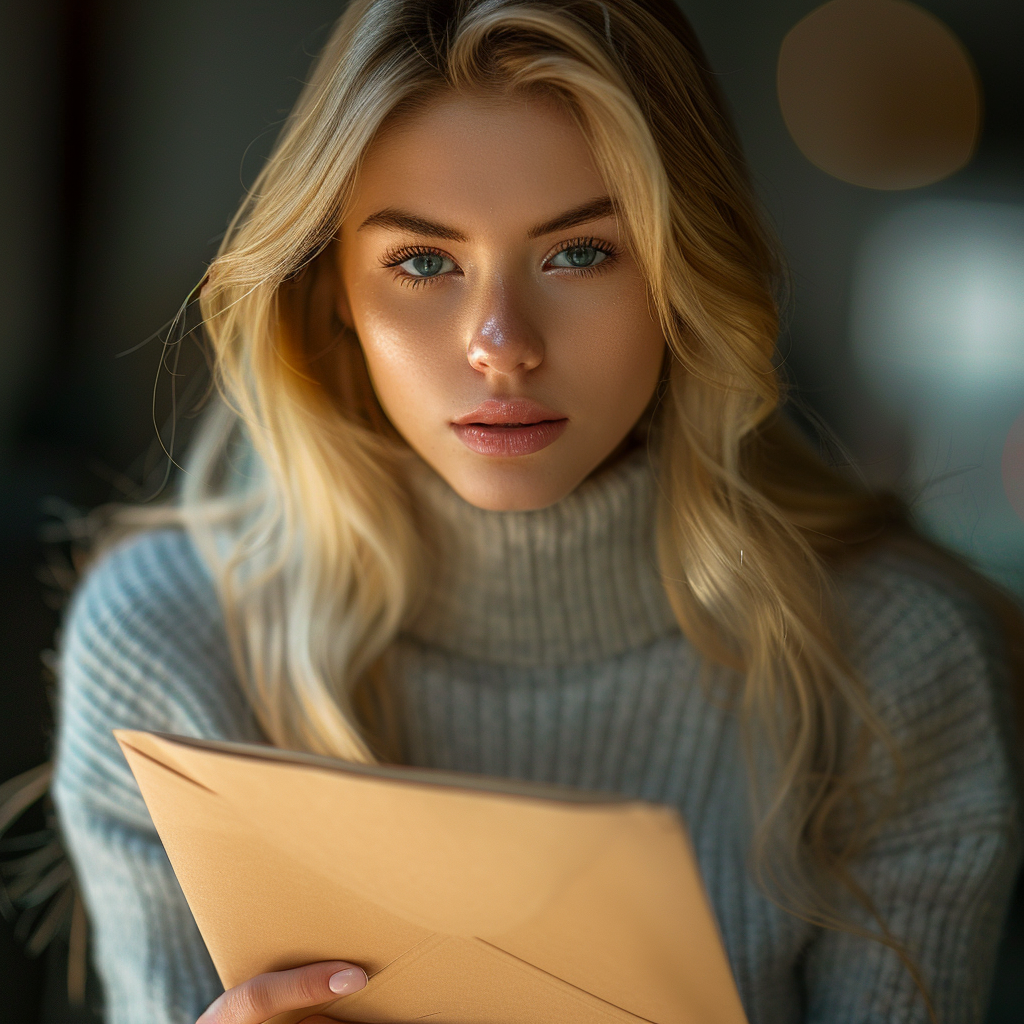 A woman holding a large envelope | Source: Midjourney