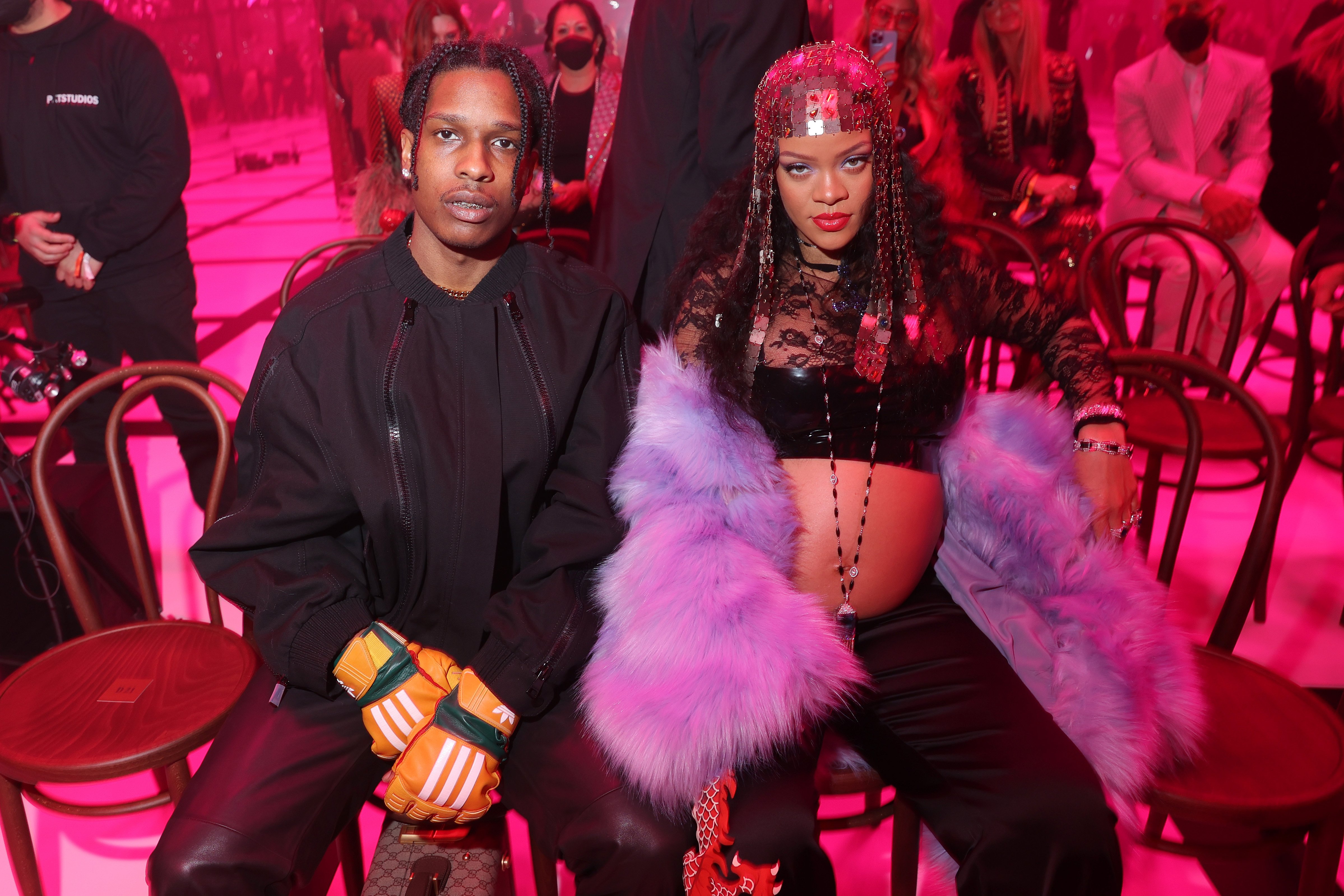 A$AP Rocky and Rihanna at the Gucci show at Milan Fashion Week Fall/Winter 2022/23 on February 25, 2022 | Source: Getty Images