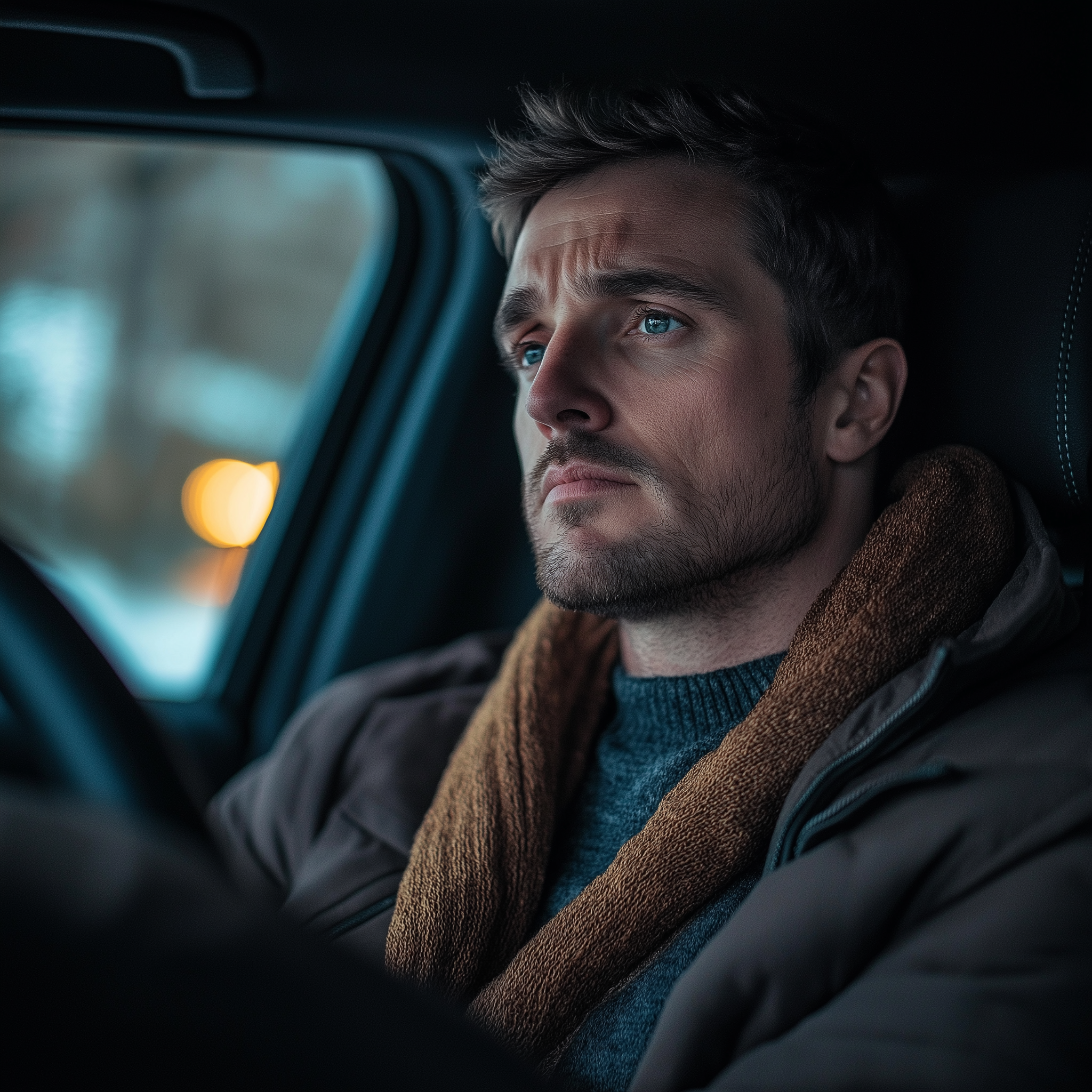 A man looks thoughtful and worried while driving | Source: Midjourney