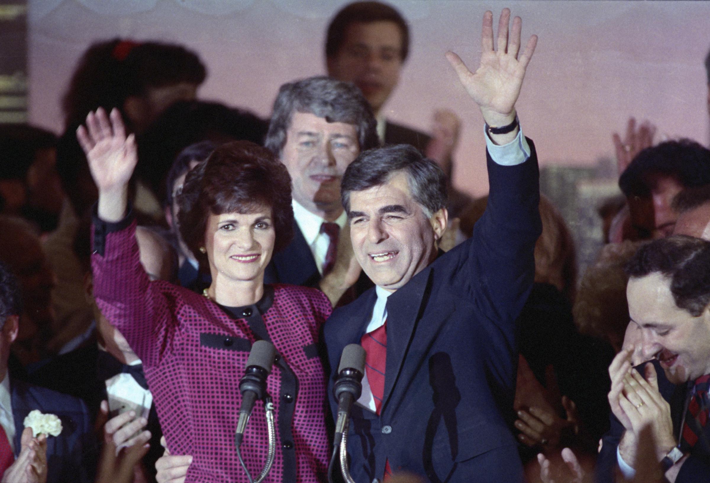 Kitty and Michael Dukakis photographed celebrating his landslide New York State Democratic primary victory in 1988. | Source: Getty Images