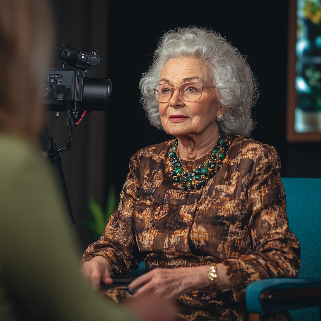 Elderly woman on a talk show | Source: Midjourney