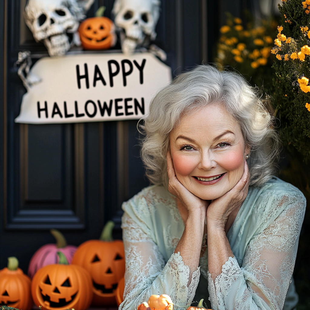 A smiling older lady against the backdrop of Halloween décor | Source: Midjourney