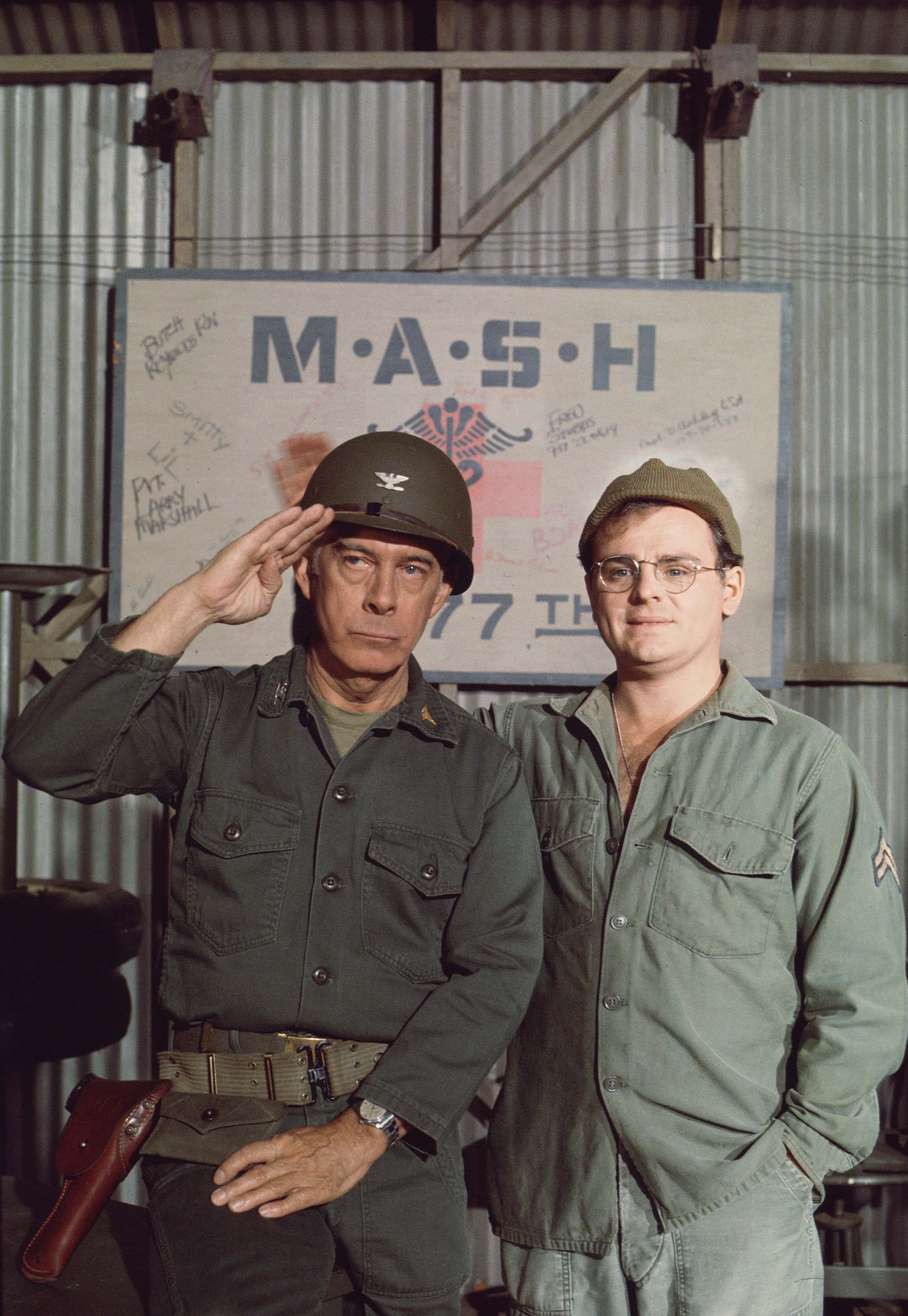 American actors Harry Morgan, as Colonel Sherman Potter, and Gary Burghoff, as Corporal Walter 'Radar' O'Reilly, appear on the set of an episode of the television series 'MASH,' titled 'Change of Command,' originally broadcast September 19, 1975. | Source: Getty Images