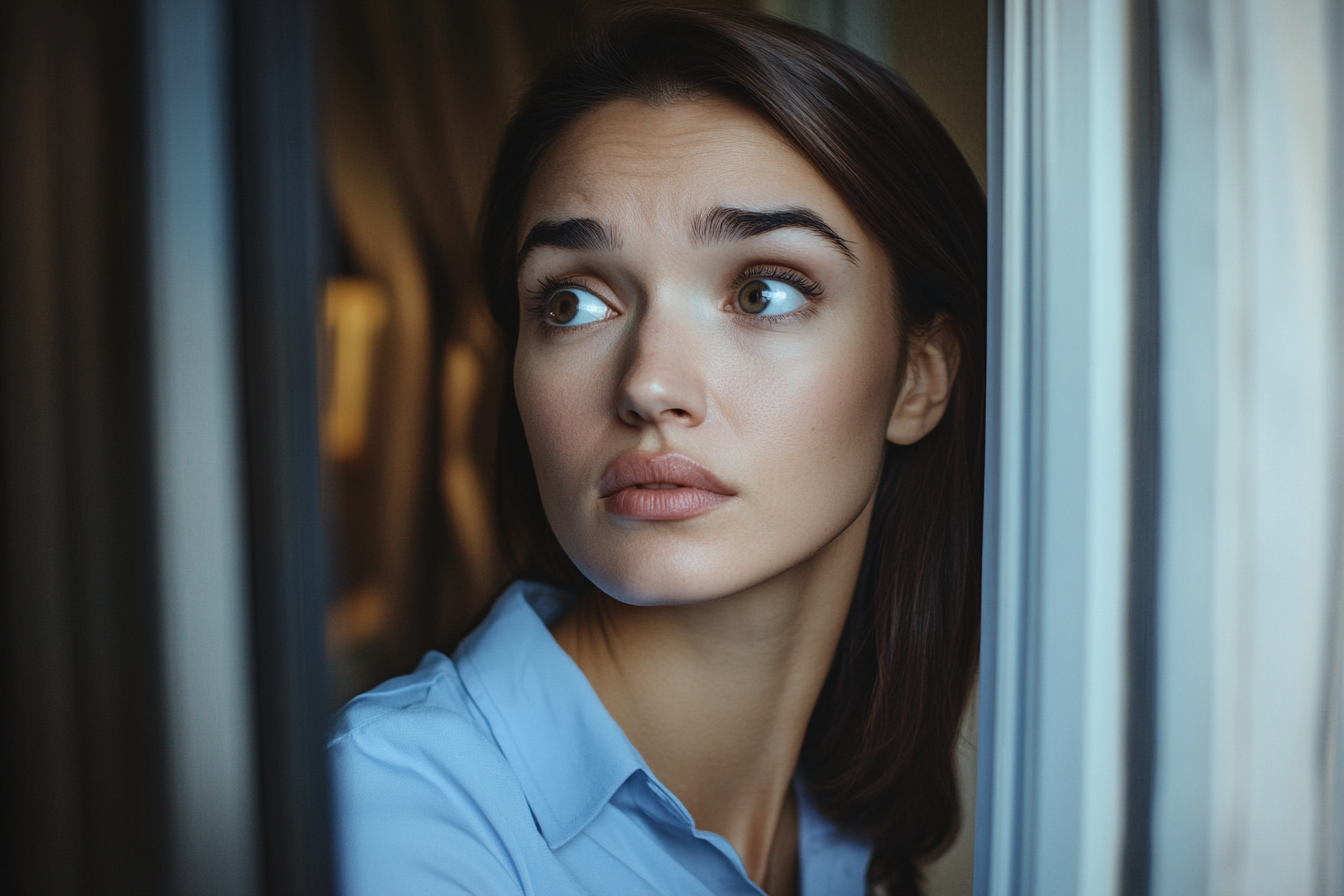 A woman looking outside her house | Source: Midjourney