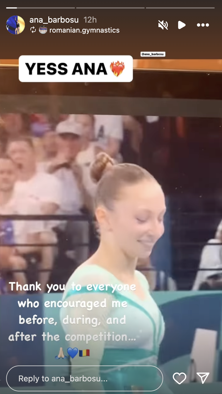 Ana Barbosu's Instagram Story, expressing gratitude to the public after her performance in the Artistic Gymnastics Women's Floor Exercise at the 2024 Paris Olympics, posted in August 2024 | Source: Instagram.com/ana_barbosu