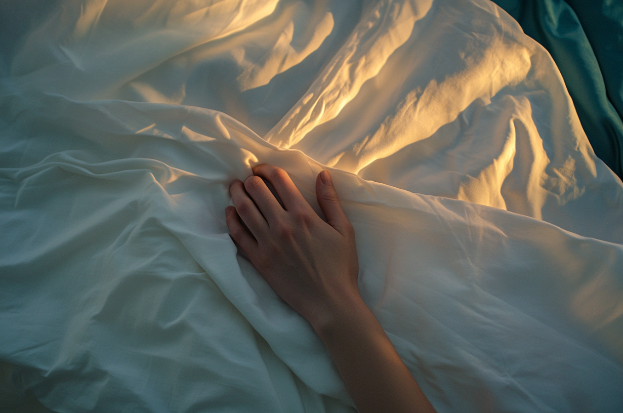 A woman's hand pressed against bed sheets | Source: Midjourney