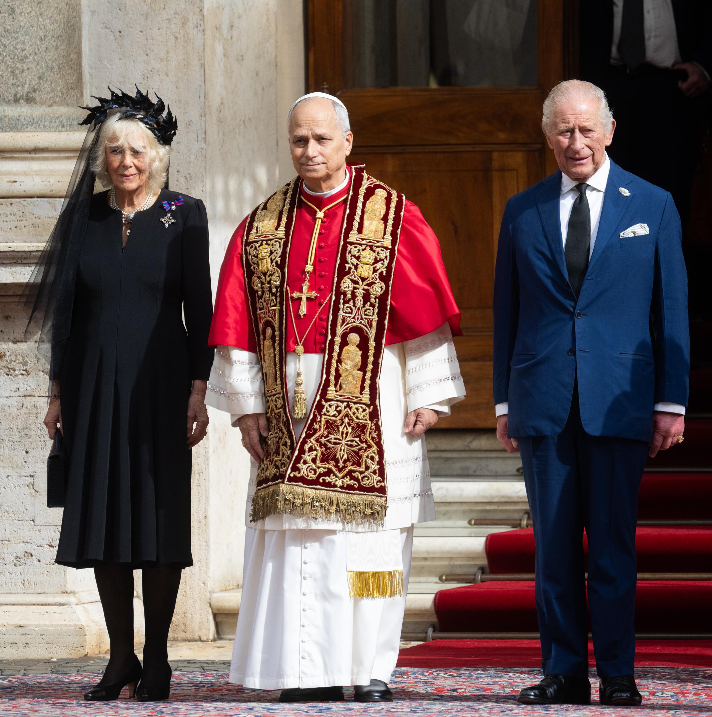 Queen Camilla, Pope Leo XIV, and King Charles III depart the Holy See from the San Damaso Courtyard on October 23, 2025 in Vatican City | Source: Getty Images