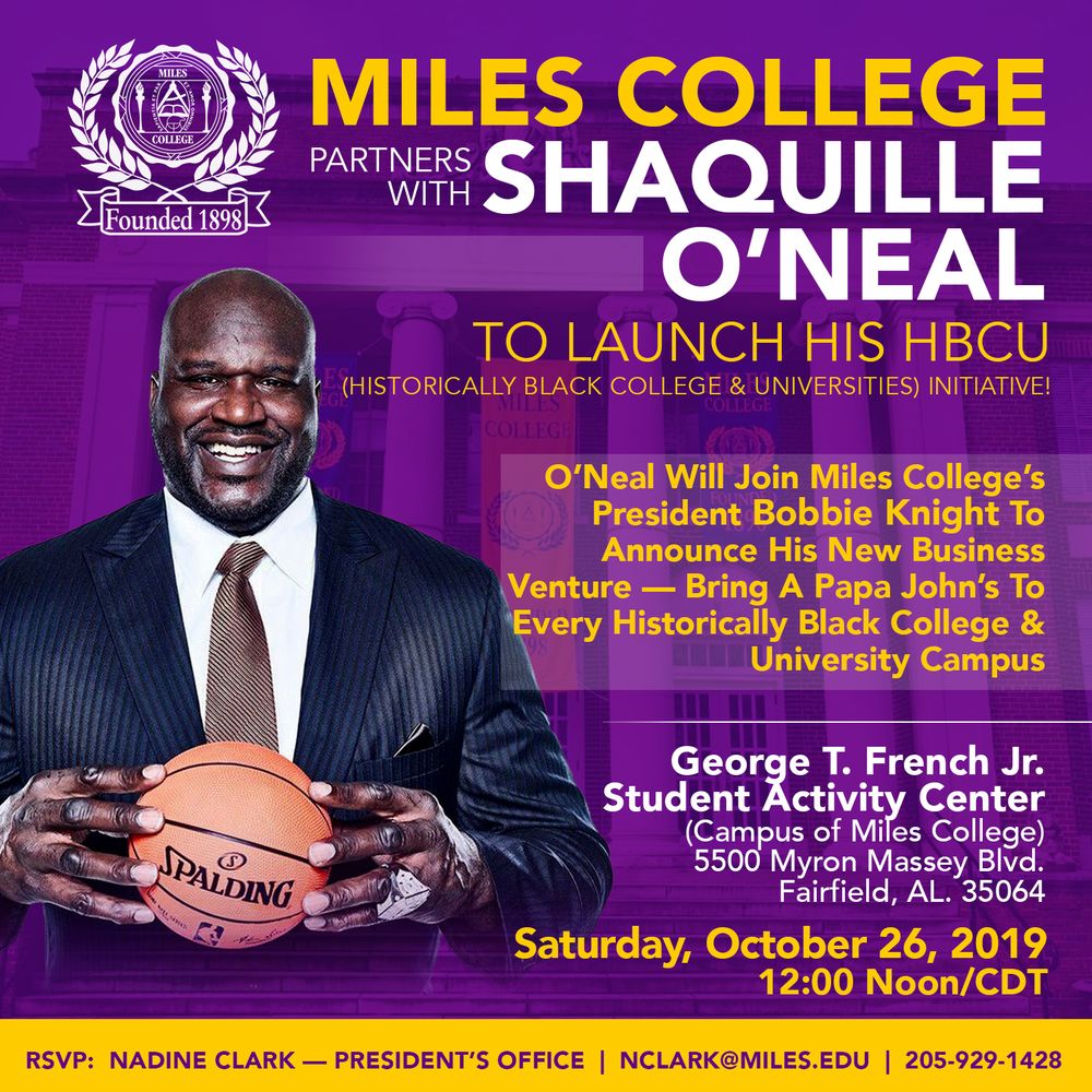 Announcement of Shaq O'Neal's Papa John project with Miles University/ Source: www.miles.edu