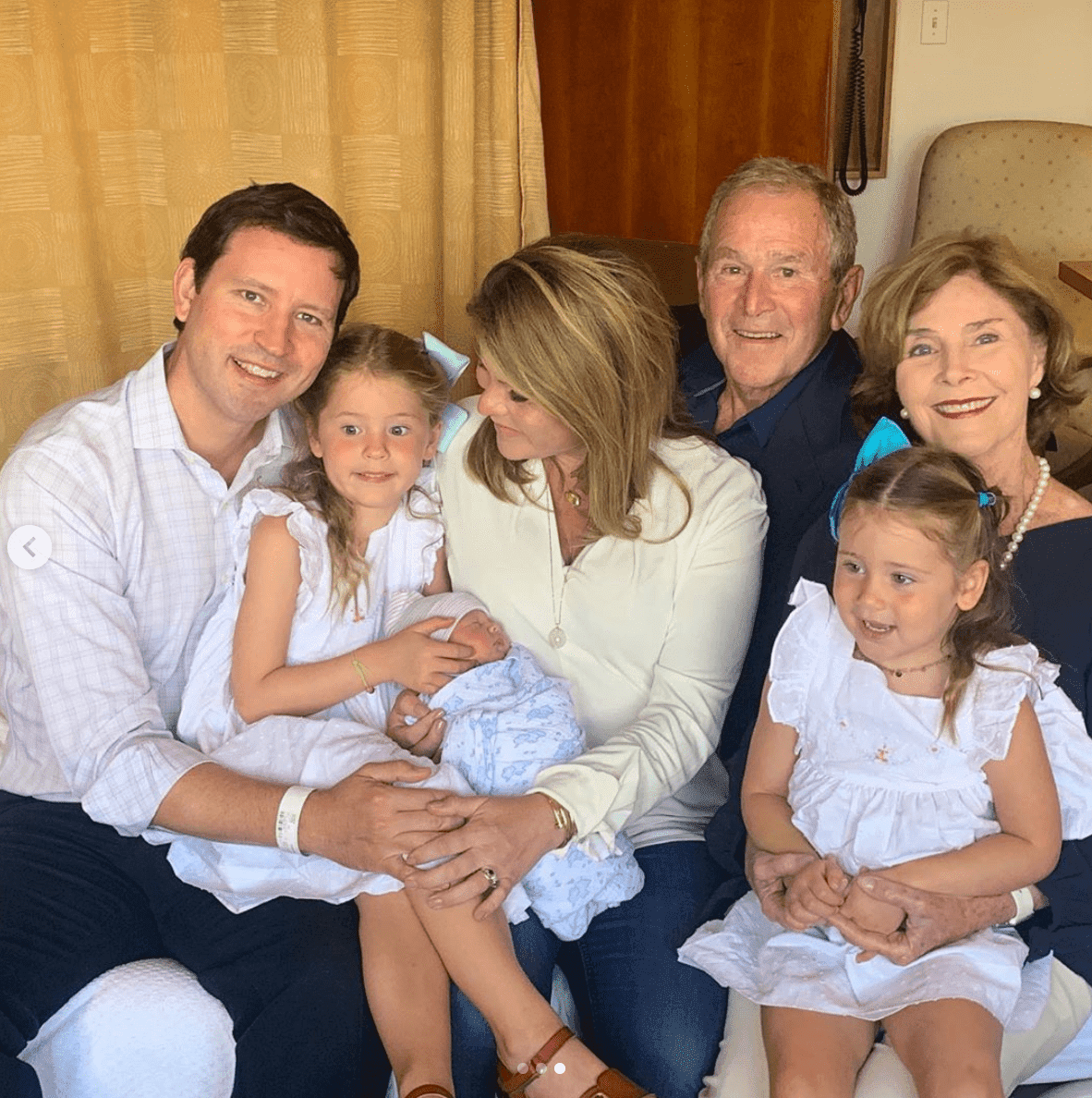 Jenna Bush Hager is joined by her husband, Henry Hager introduce their son to her parents Laura and George Bush; and daughters Mila and Poppy | Instagram