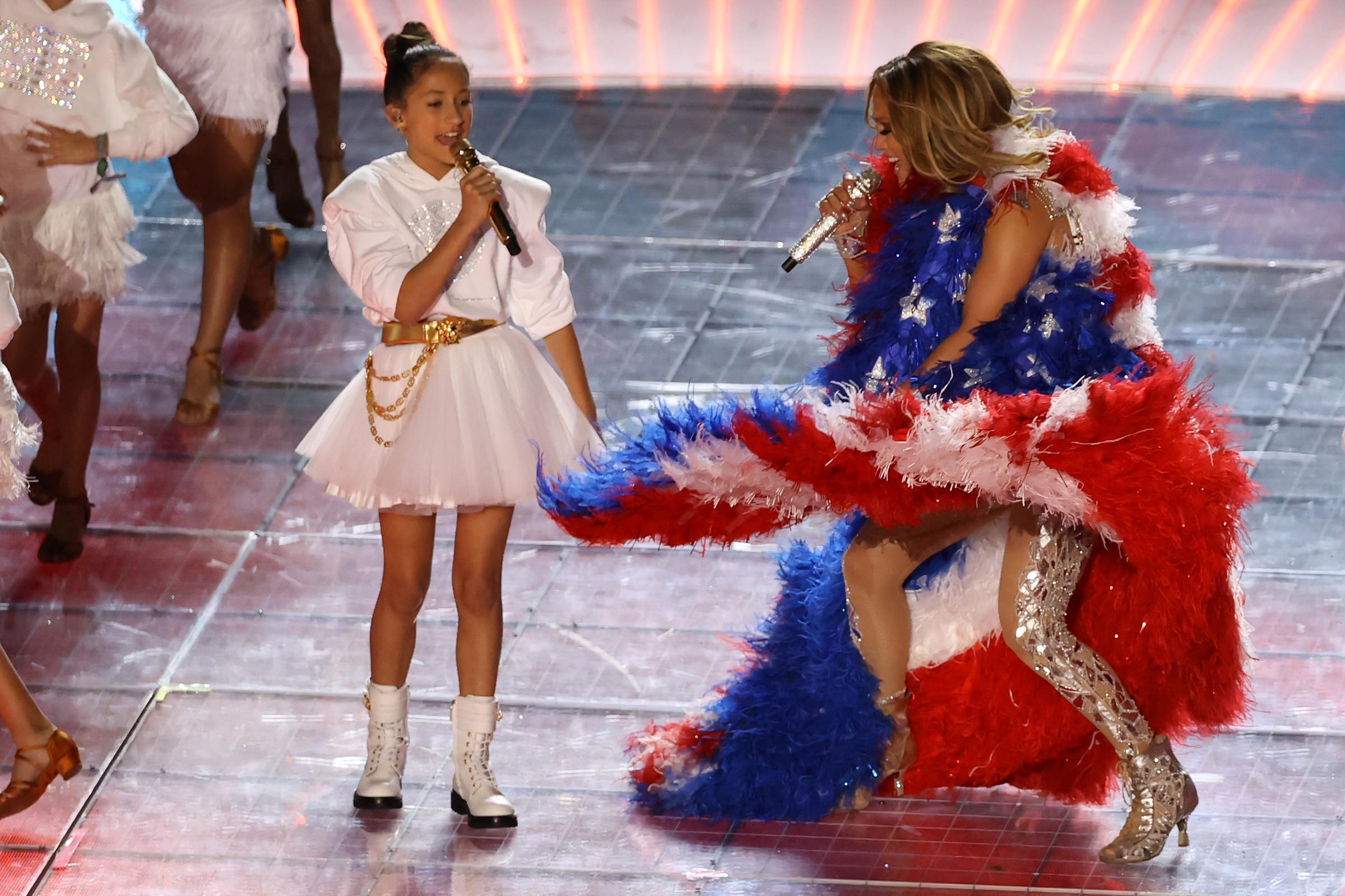 Jennifer Lopez and Emme perform on stage during the Pepsi Super Bowl LIV Halftime Show at Hard Rock Stadium on February 2, 2020 in Miami, Florida | Source: Getty Images
