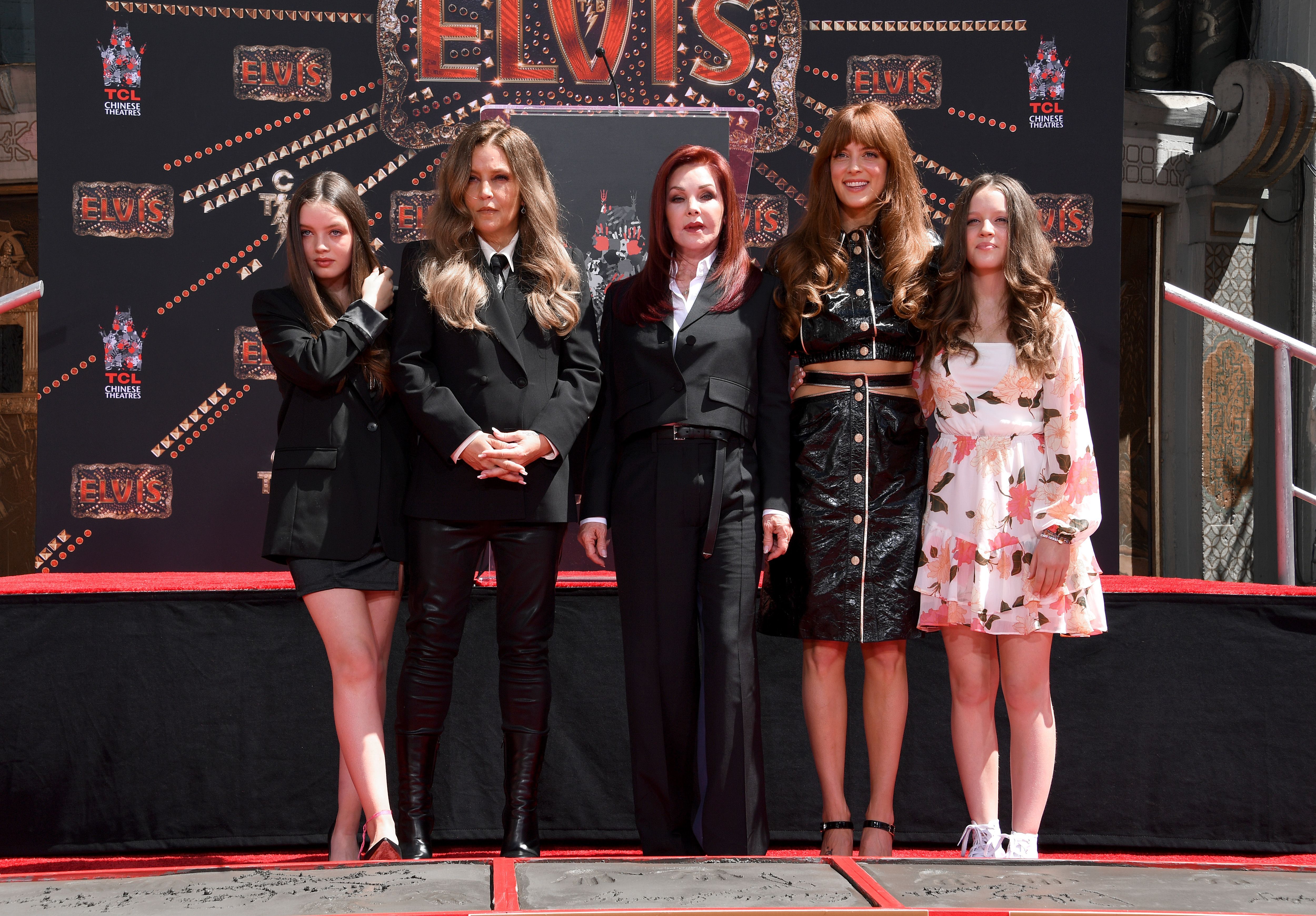 Harper Vivienne Ann Lockwood, Lisa Marie Presley, Priscilla Presley, Riley Keough, and Finley Aaron Love Lockwood during the Handprint Ceremony honoring Three Generations of Presley's at TCL Chinese Theatre in Hollywood, California on June 21, 2022 | Source: Getty Images