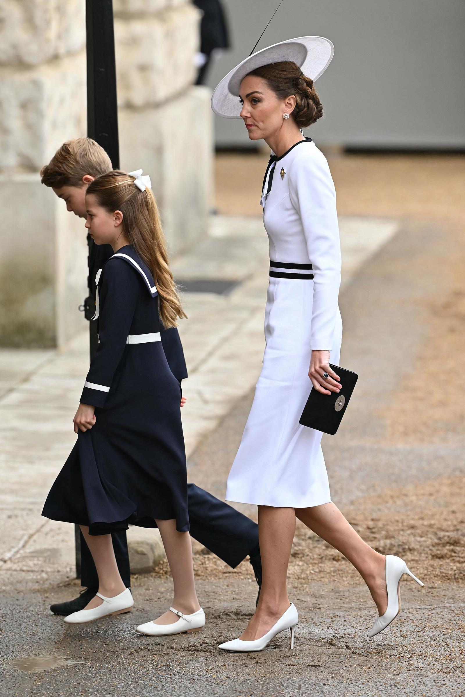 Princess Catherine arriving with Princess Charlotte and Prince George at Buckingham Palace for Trooping the Colour in London, England on June 15, 2024 | Source: Getty Images