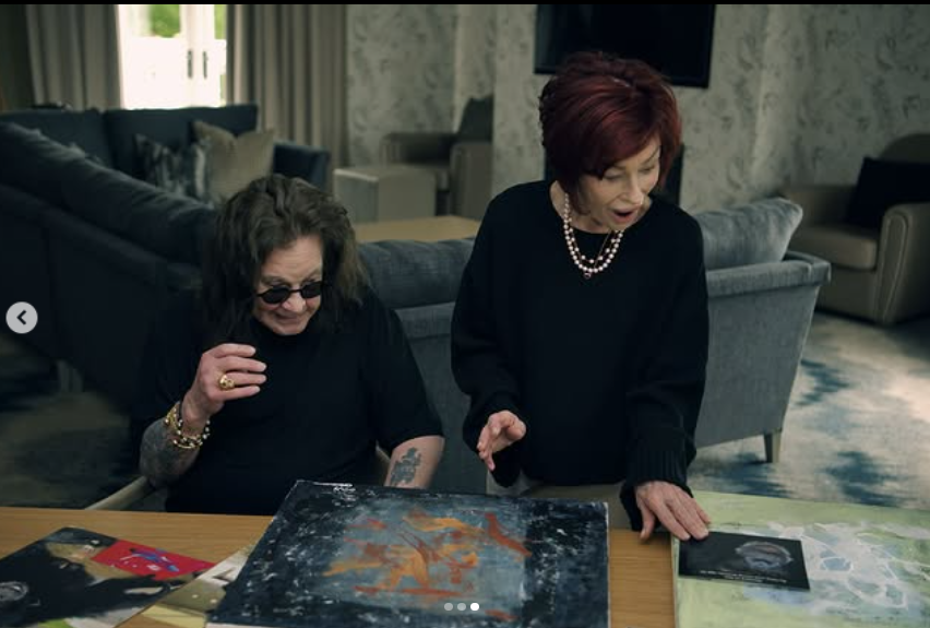 Ozzy and his wife Sharon Osbourne look at art pieces spread out on a table, from a post dated July 10, 2025 | Source: Instagram/ozzyosbourne