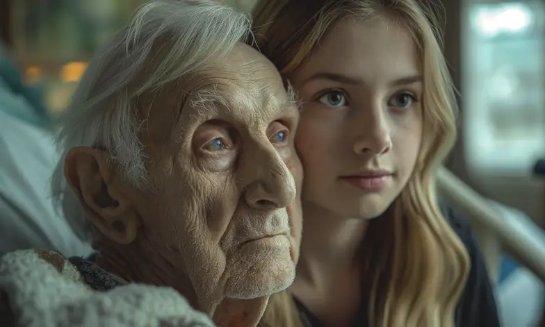 A young woman close to an old man in a hospital bed | Source: Midjourney