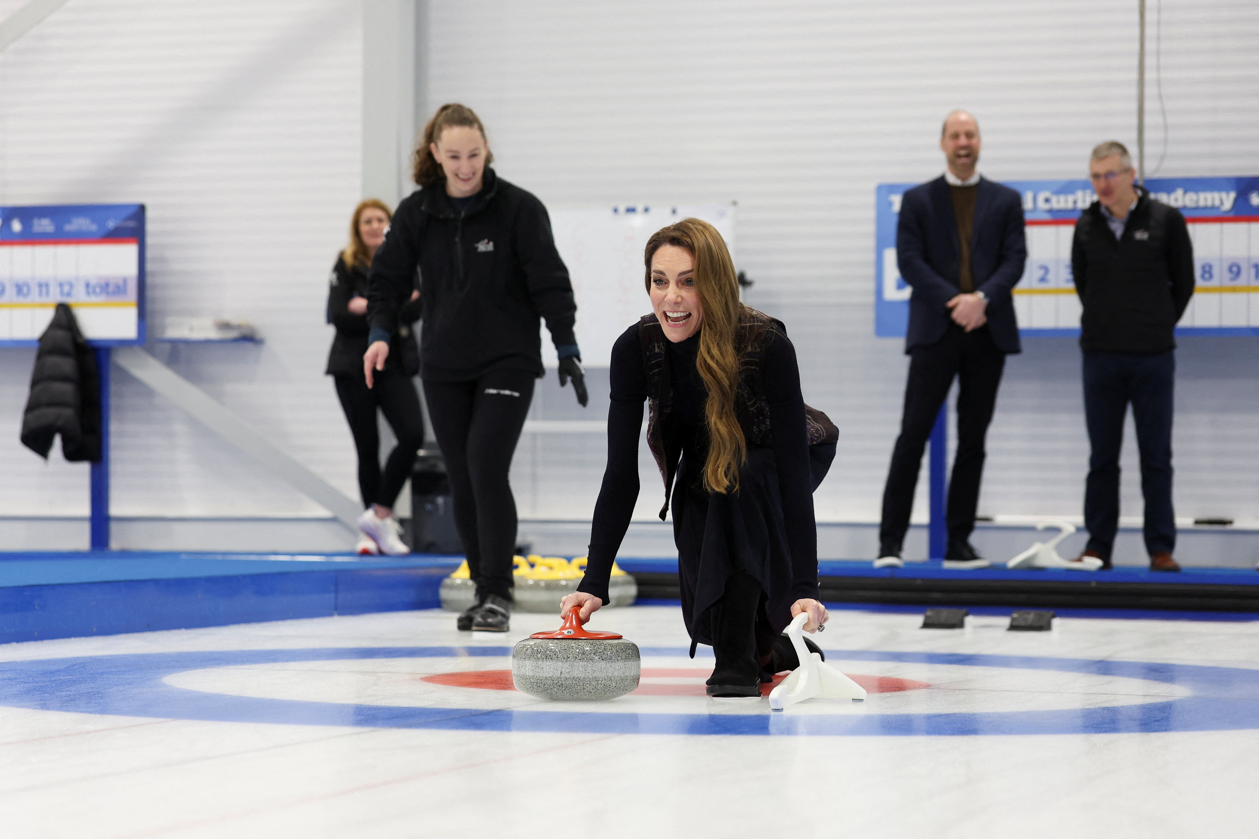 Princess Catherine takes part in curling as she and Prince William meet with the Team GB and Paralympics GB Curling teams ahead of the Winter Olympic Games at the National Curling Academy on 20 January 2026 in Stirling, Scotland. | Source: Getty Images