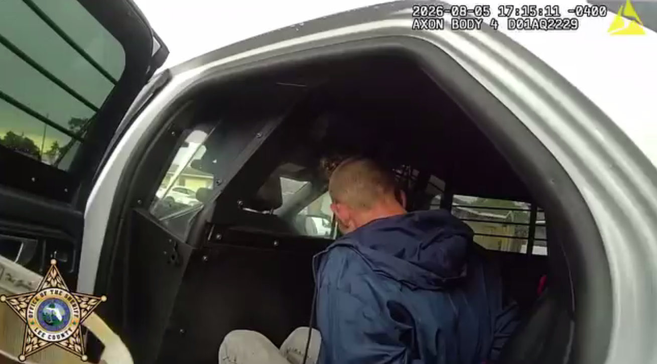 Bodycam footage showing David Charette Jr. as he is being placed in a police vehicle, posted on August 6, 2026. | Source: Facebook/Lee County Sheriff's Office
